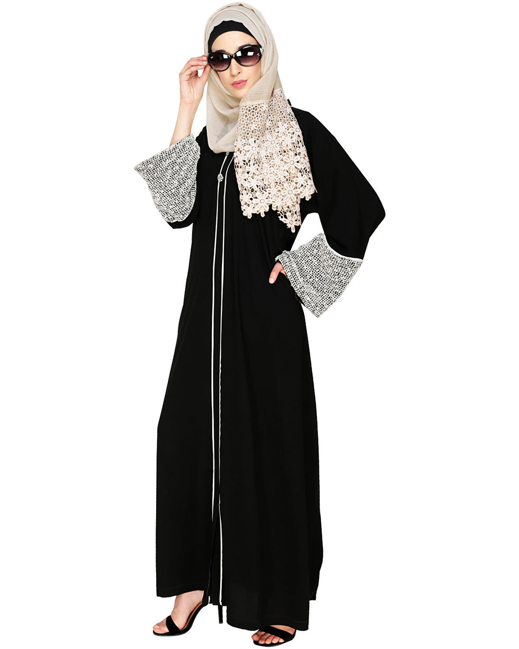 Elegant Crochet Lace Dubai Style Abaya Black