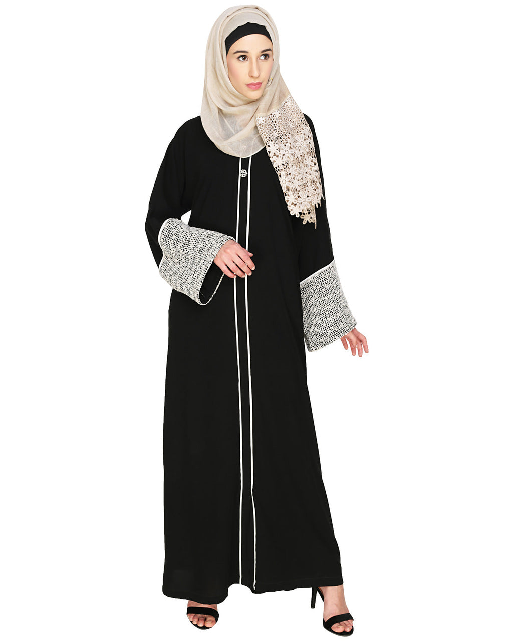 Elegant Crochet Lace Dubai Style Abaya Black