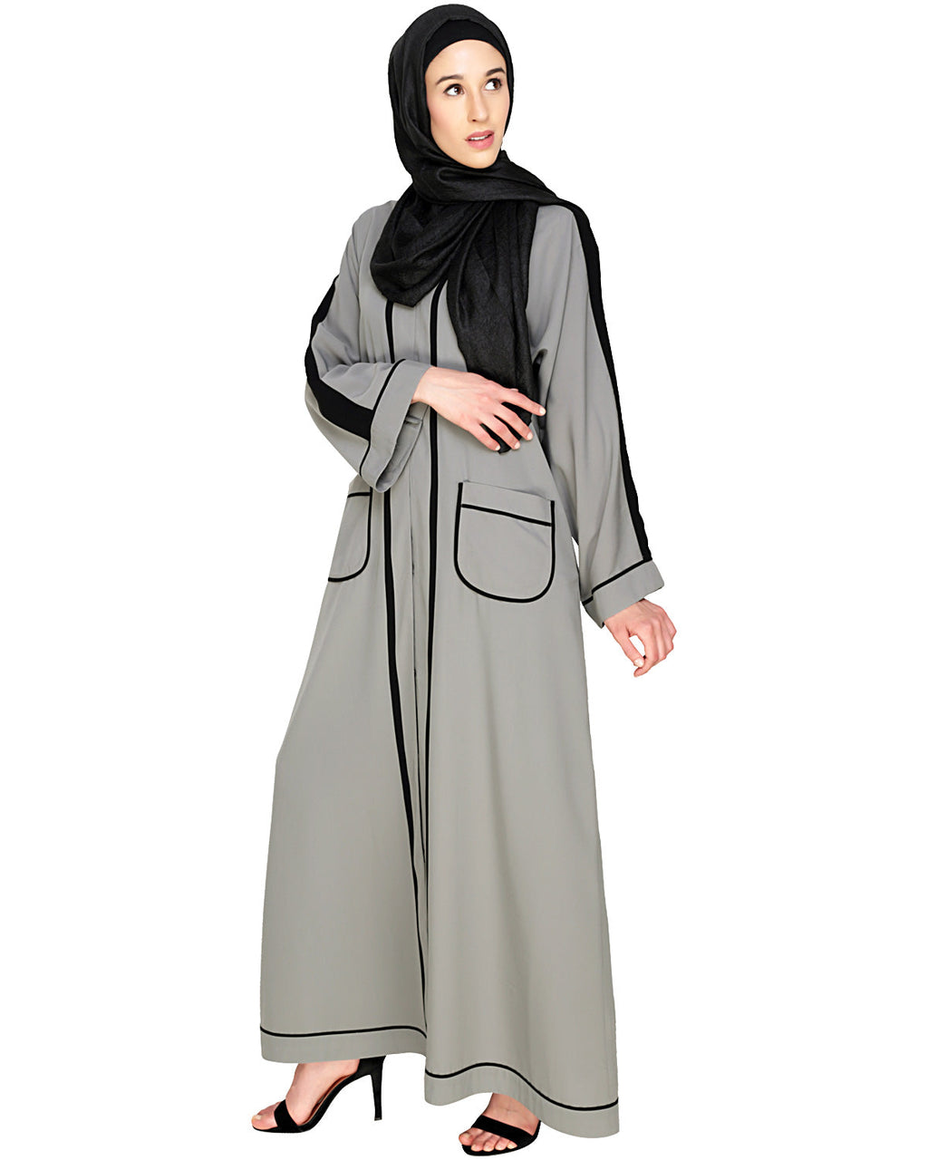 Pocket Dubai Style Abaya with Black detailing Grey