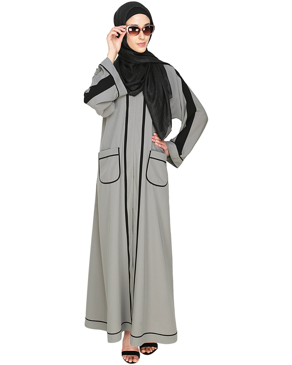 Pocket Dubai Style Abaya with Black detailing Grey