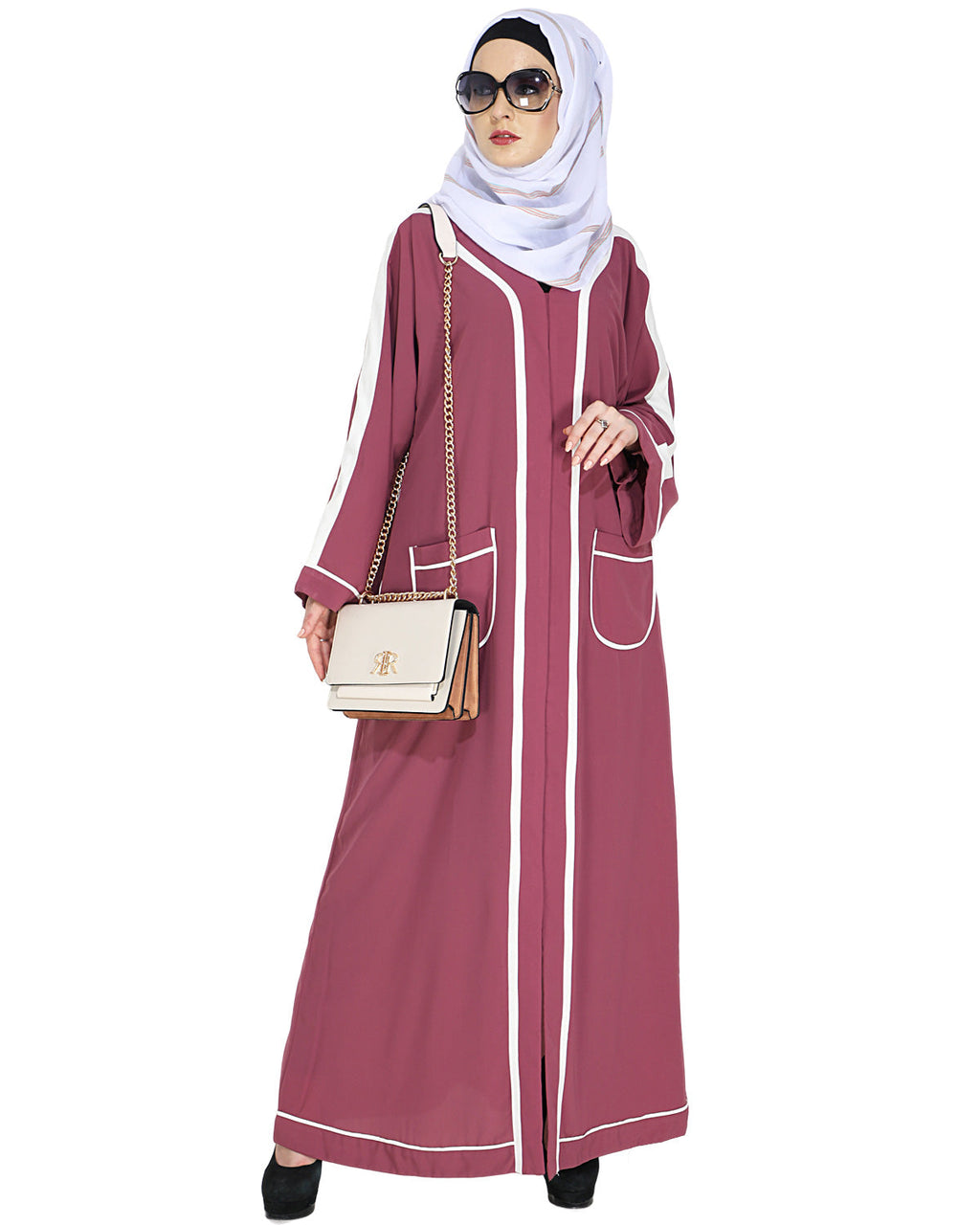 Pocket Dubai Style Abaya with Black detailing Onion Pink