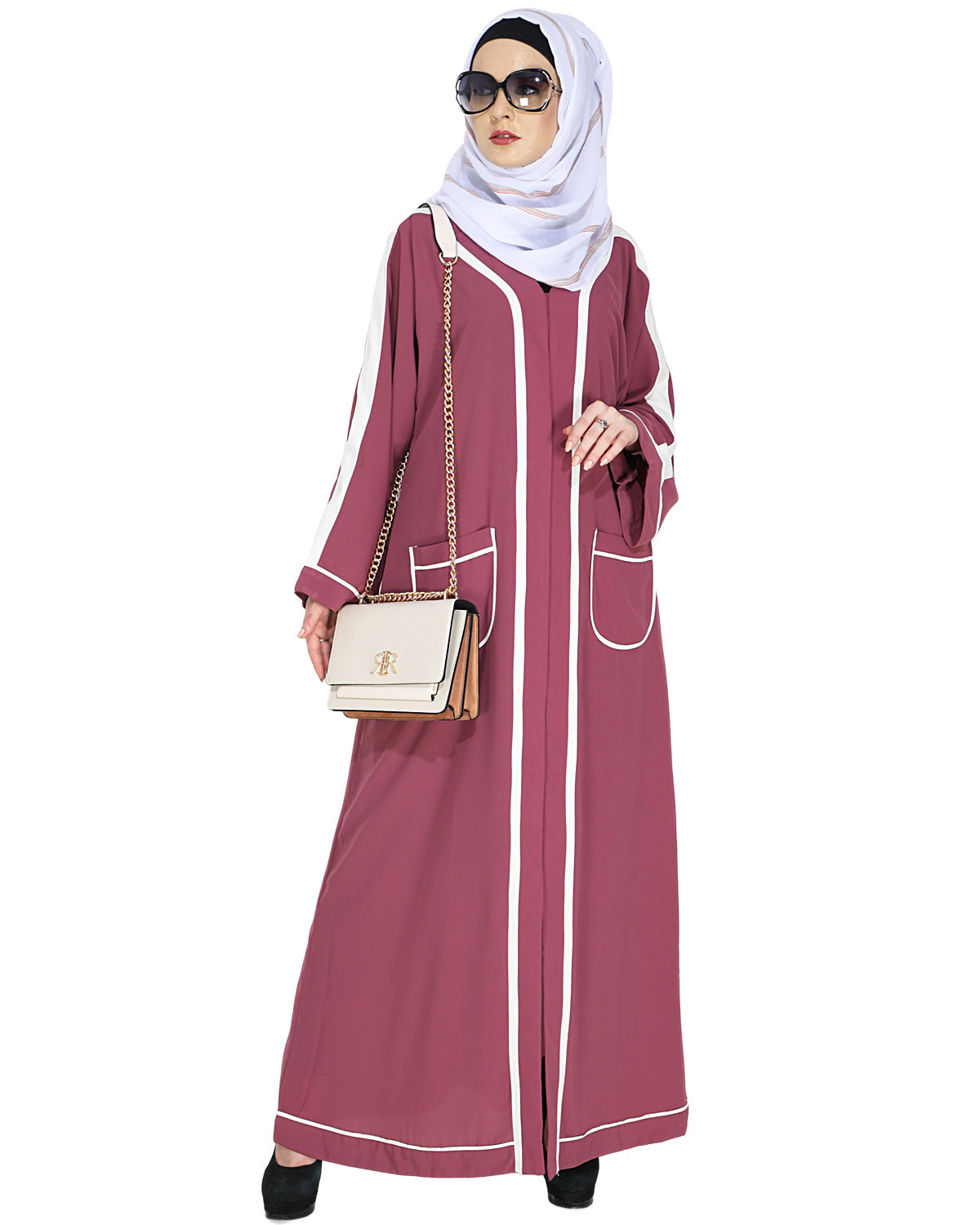 Pocket Dubai Style Abaya with Black detailing Onion Pink