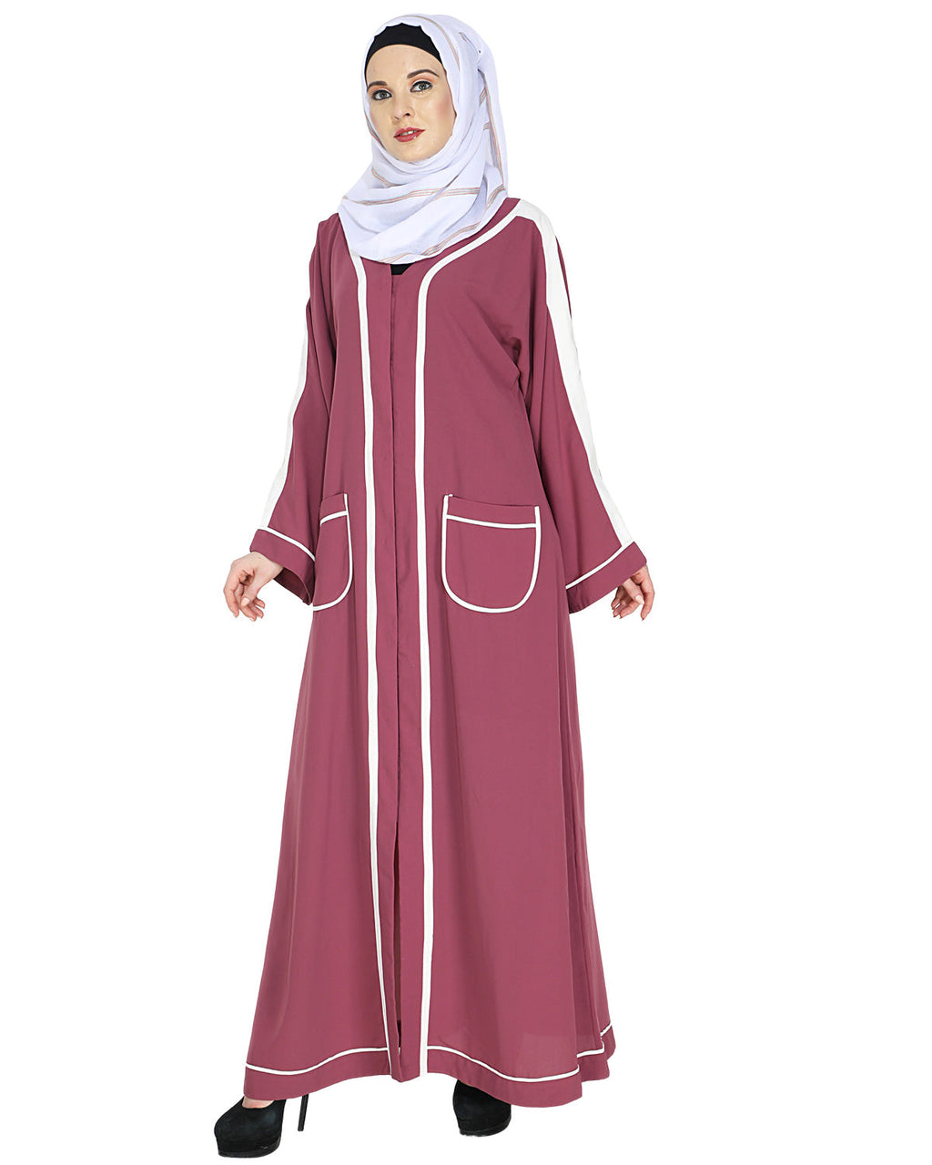 Pocket Dubai Style Abaya with Black detailing Onion Pink