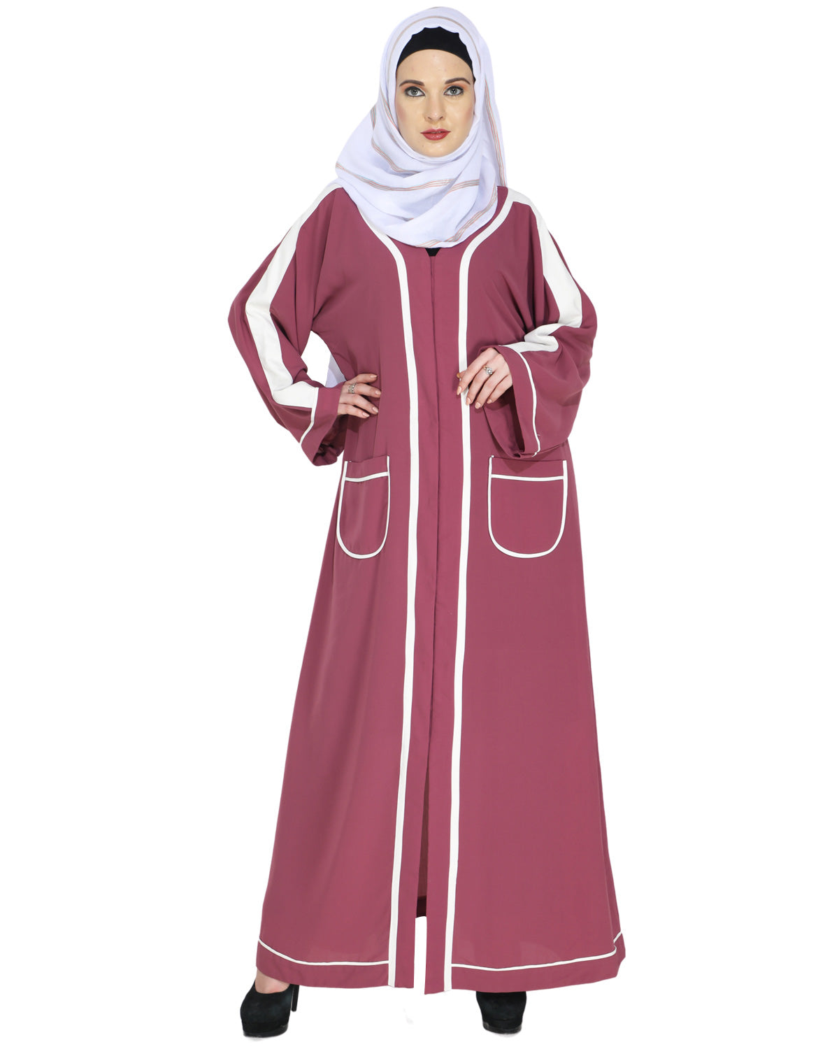 Pocket Dubai Style Abaya with Black detailing Onion Pink
