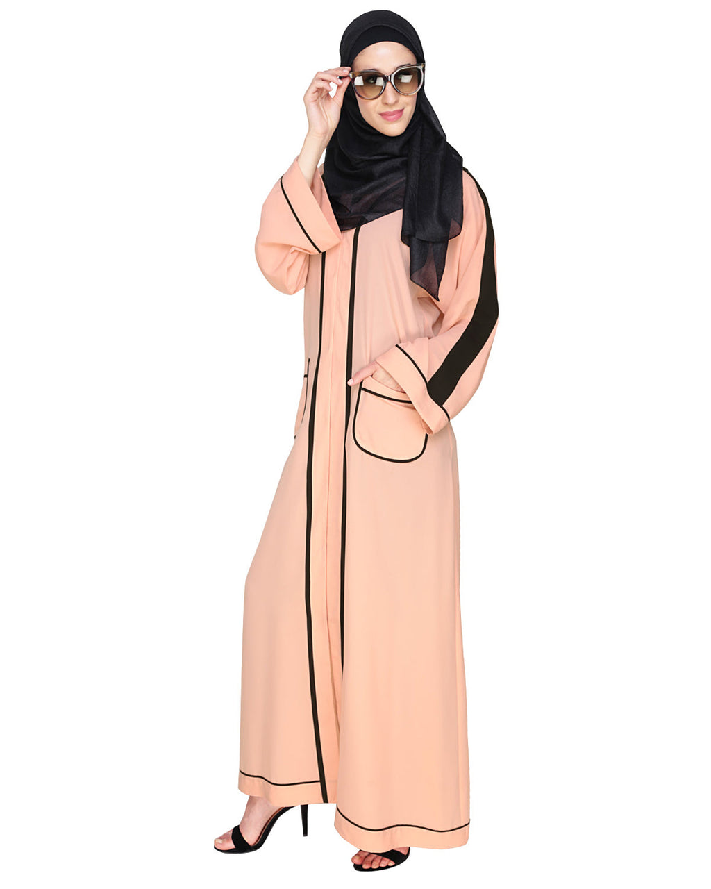 Pocket Dubai Style Abaya with Black detailing Peach