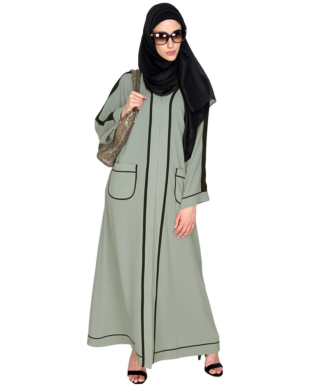 Pocket Dubai Style Abaya with Black detailing Sage Green