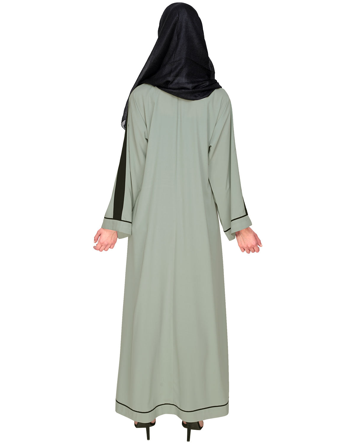 Pocket Dubai Style Abaya with Black detailing Sage Green