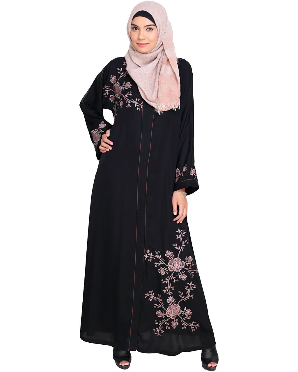 Botanical Embroidered Dubai Style Abaya Black