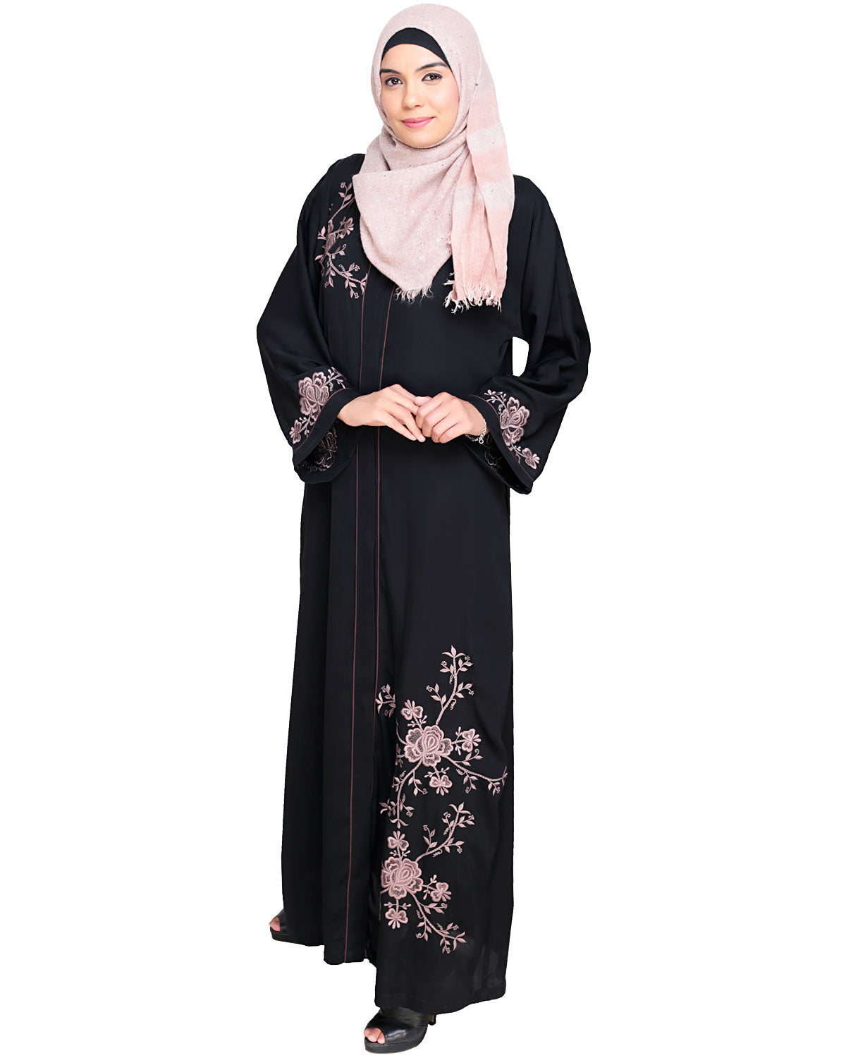Botanical Embroidered Dubai Style Abaya Black