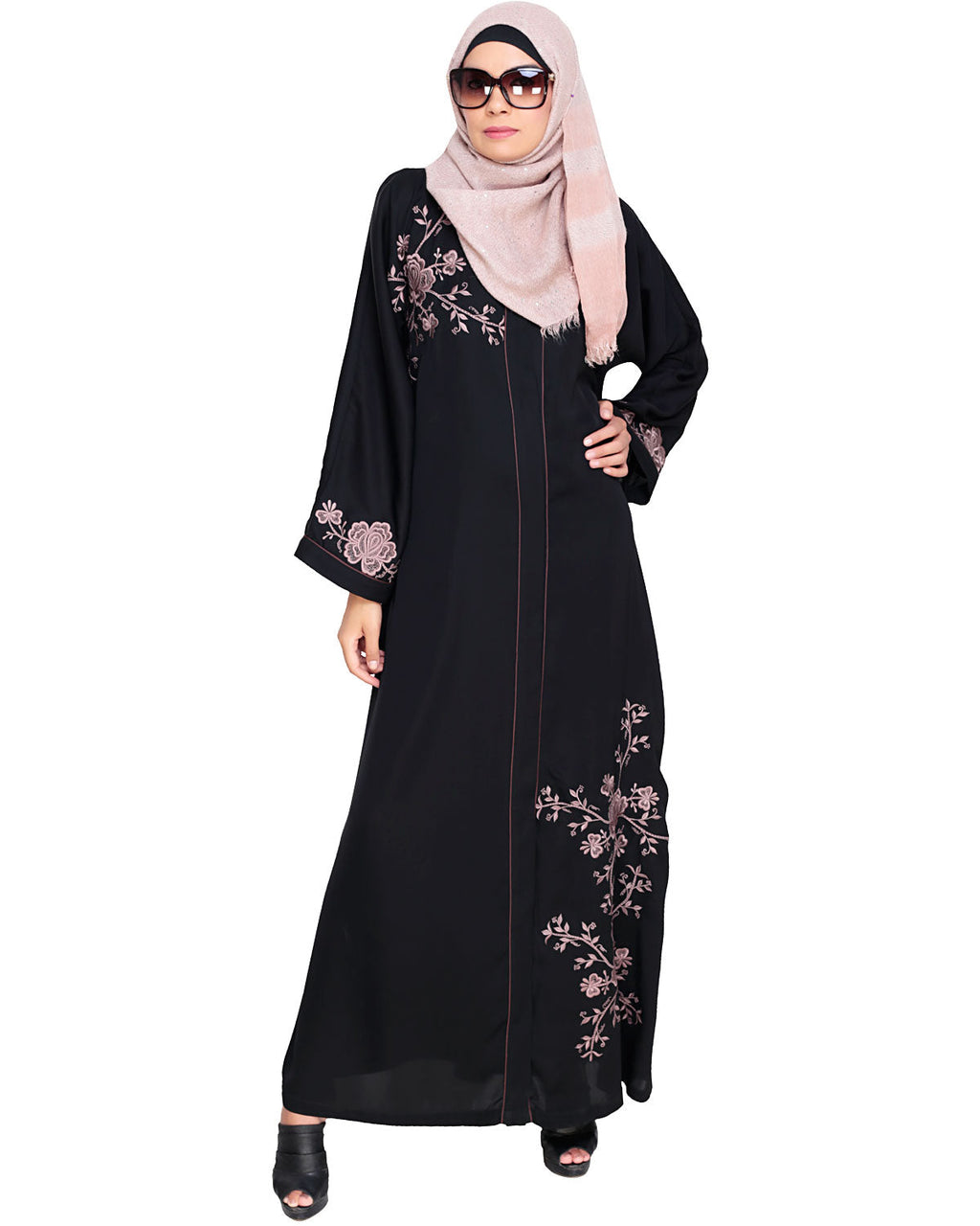 Botanical Embroidered Dubai Style Abaya Black