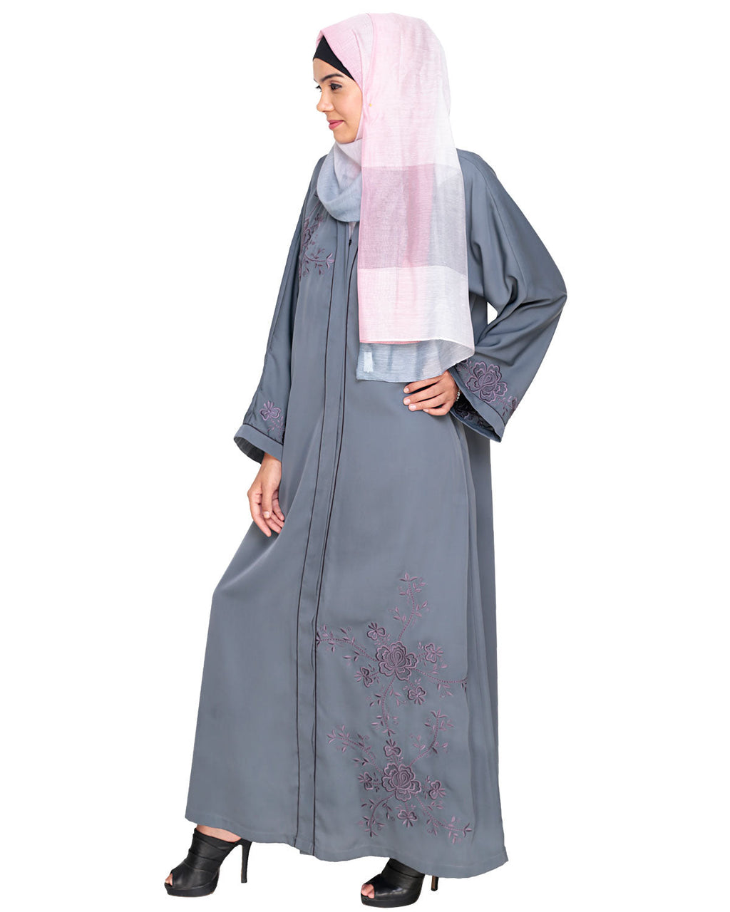 Botanical Embroidered Dubai Style Abaya Grey