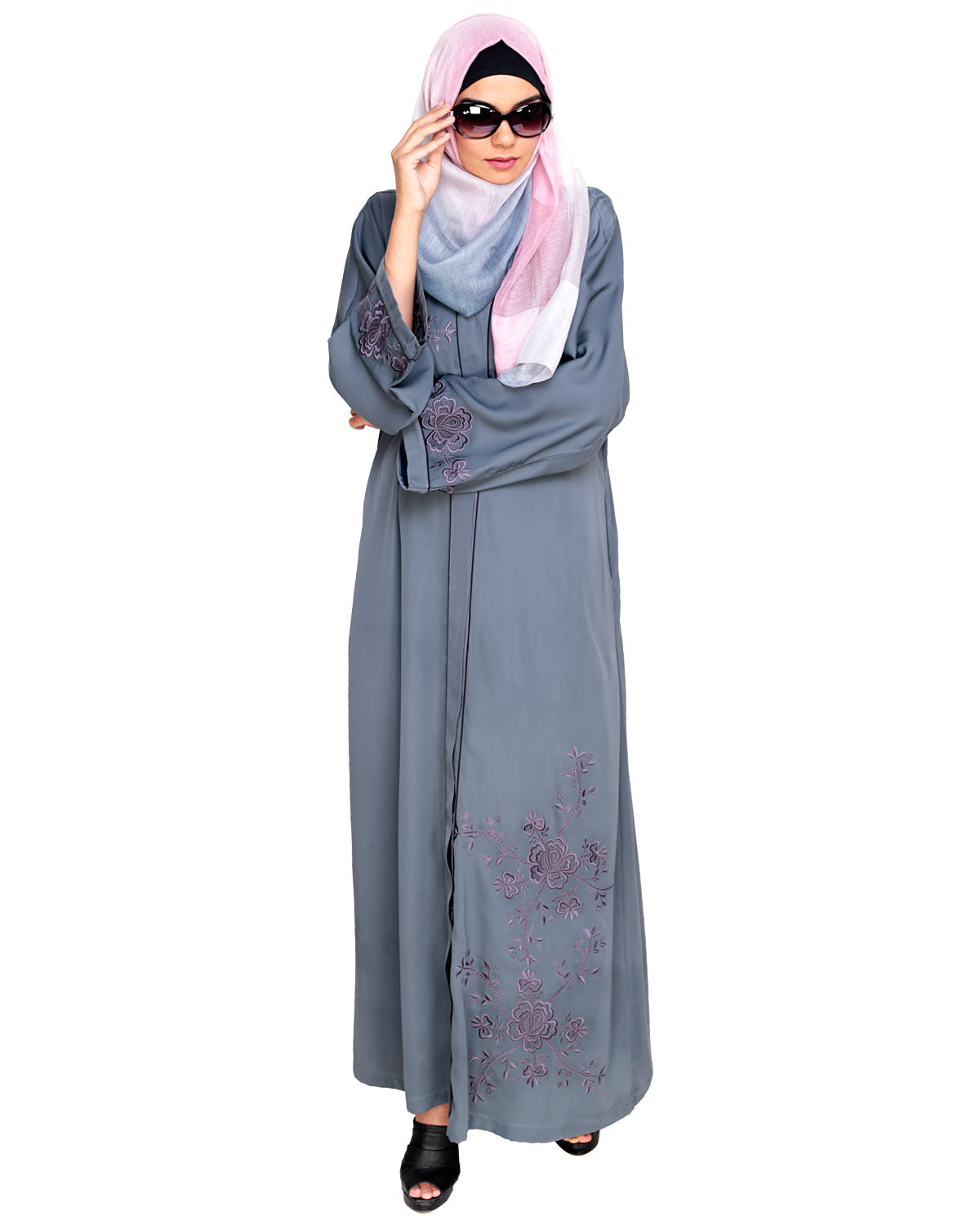 Botanical Embroidered Dubai Style Abaya Grey