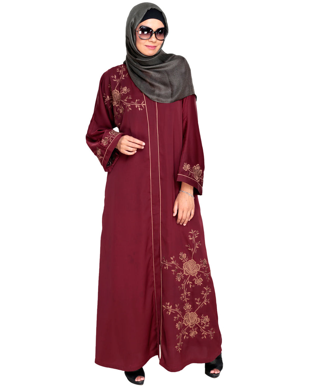 Botanical Embroidered Dubai Style Abaya Wine