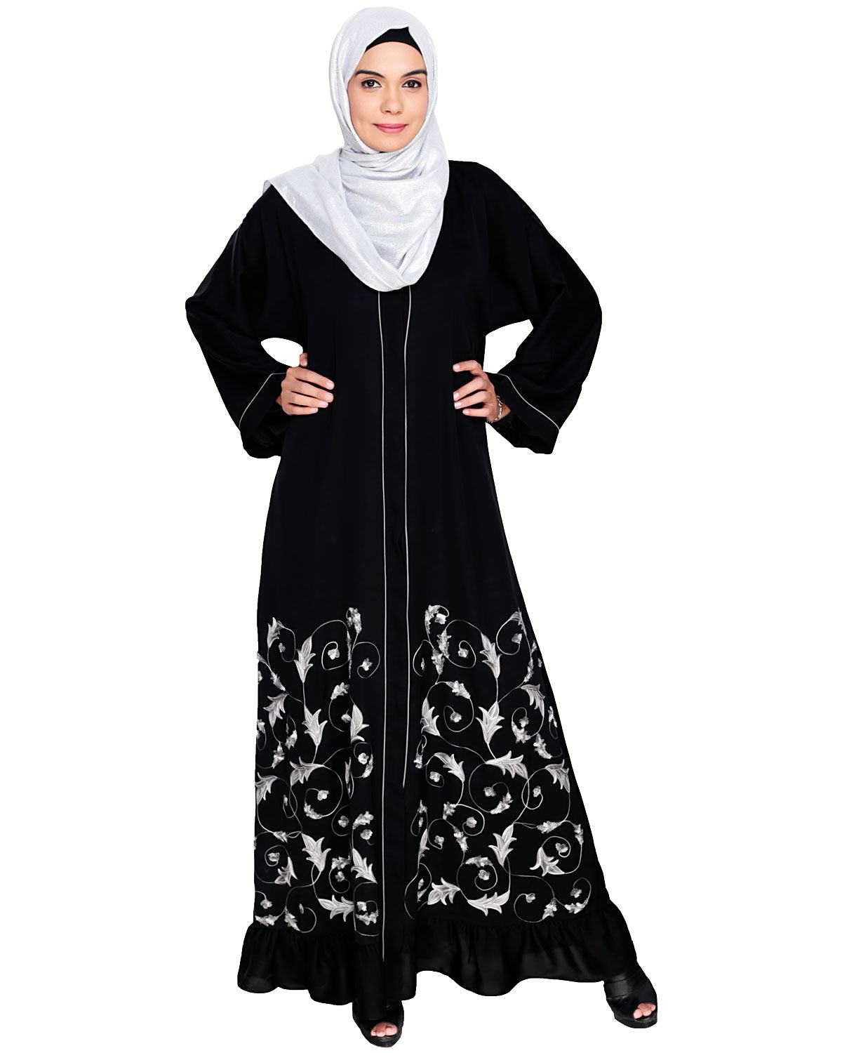 Magnificent Gathers Embroidered Dubai Style Abaya Black