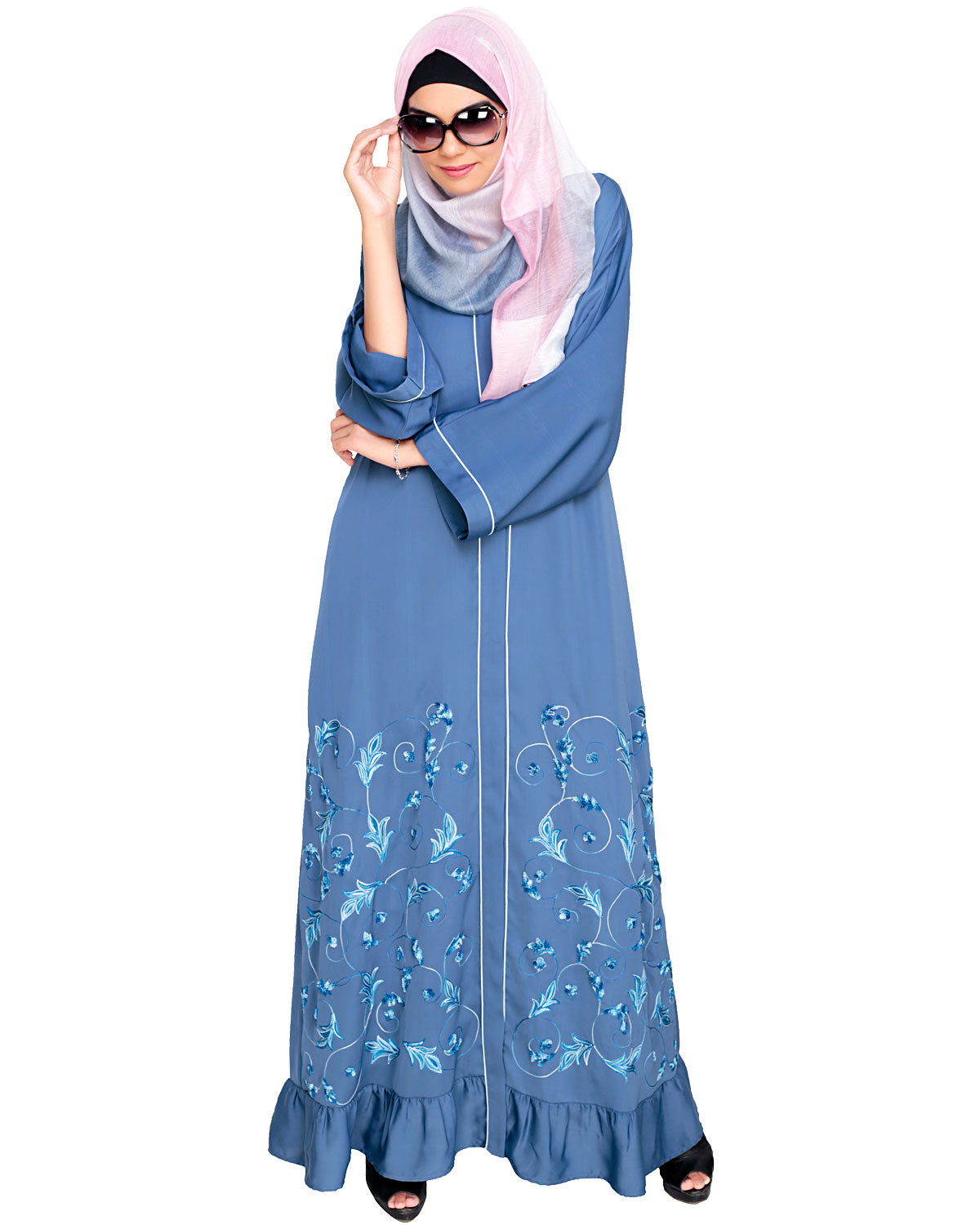 Magnificent Gathers Embroidered Dubai Style Abaya Blue