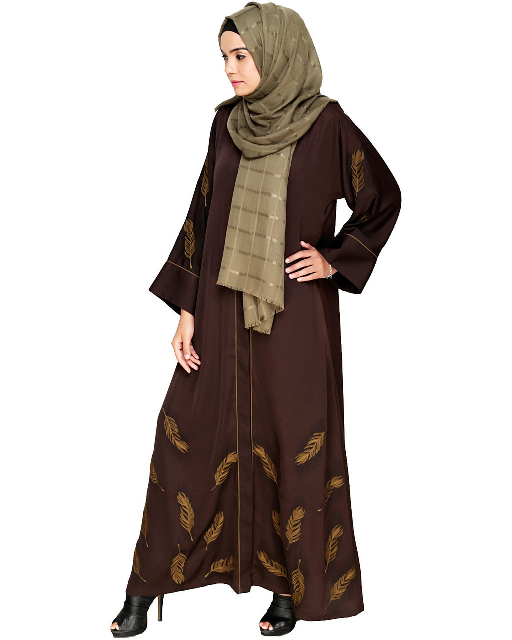 Feather Embroidered Dubai Style Dark brown Abaya Brown