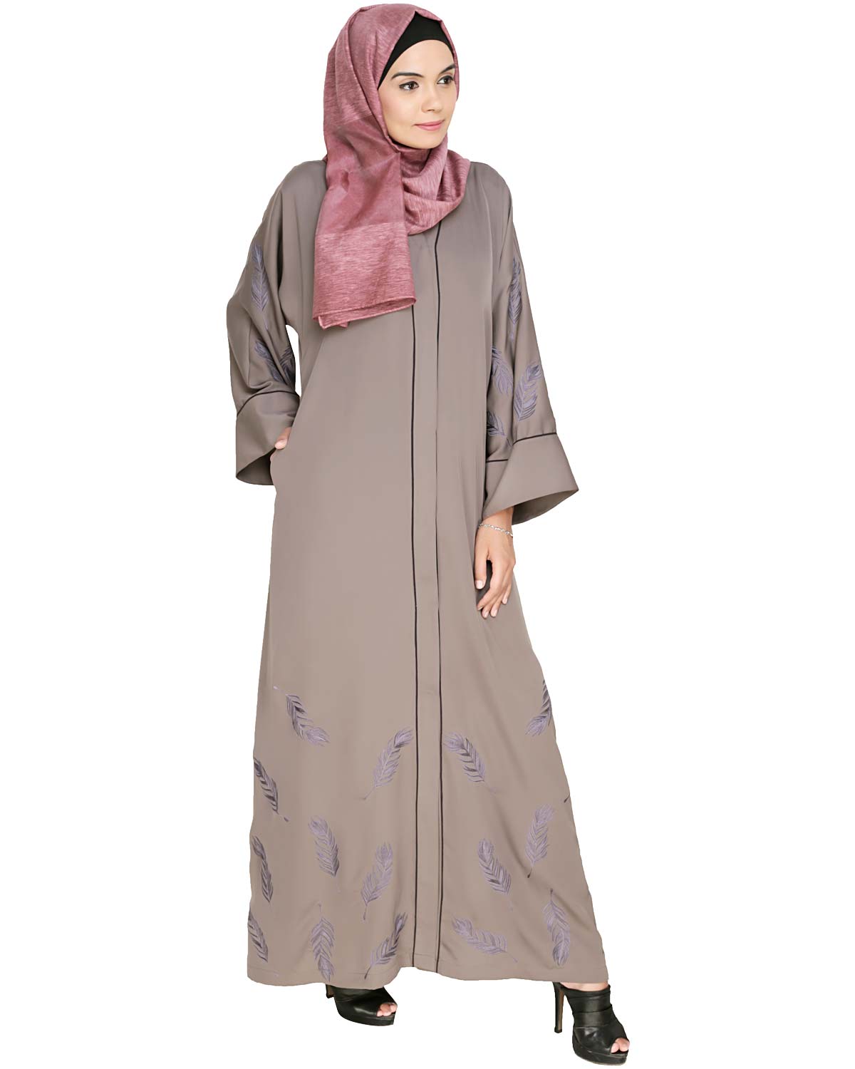 Feather Embroidered Dubai Style Light brown Abaya Brown