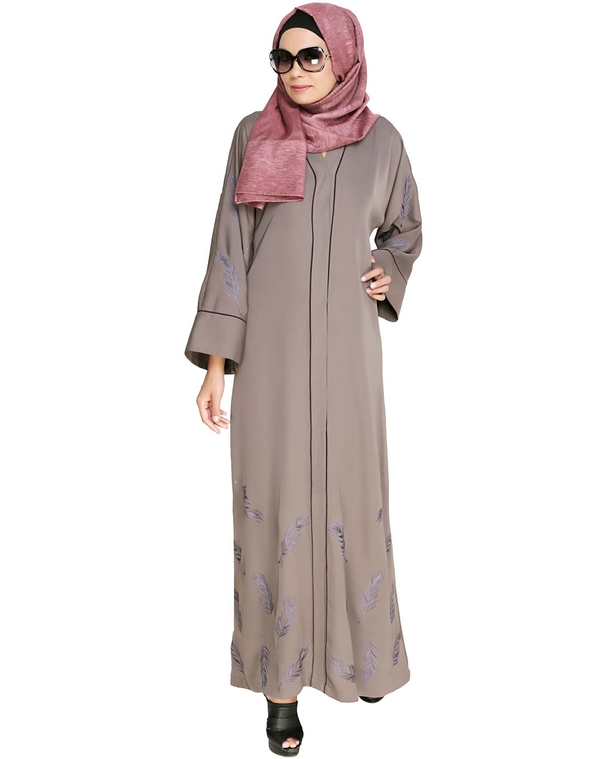 Feather Embroidered Dubai Style Light brown Abaya Brown