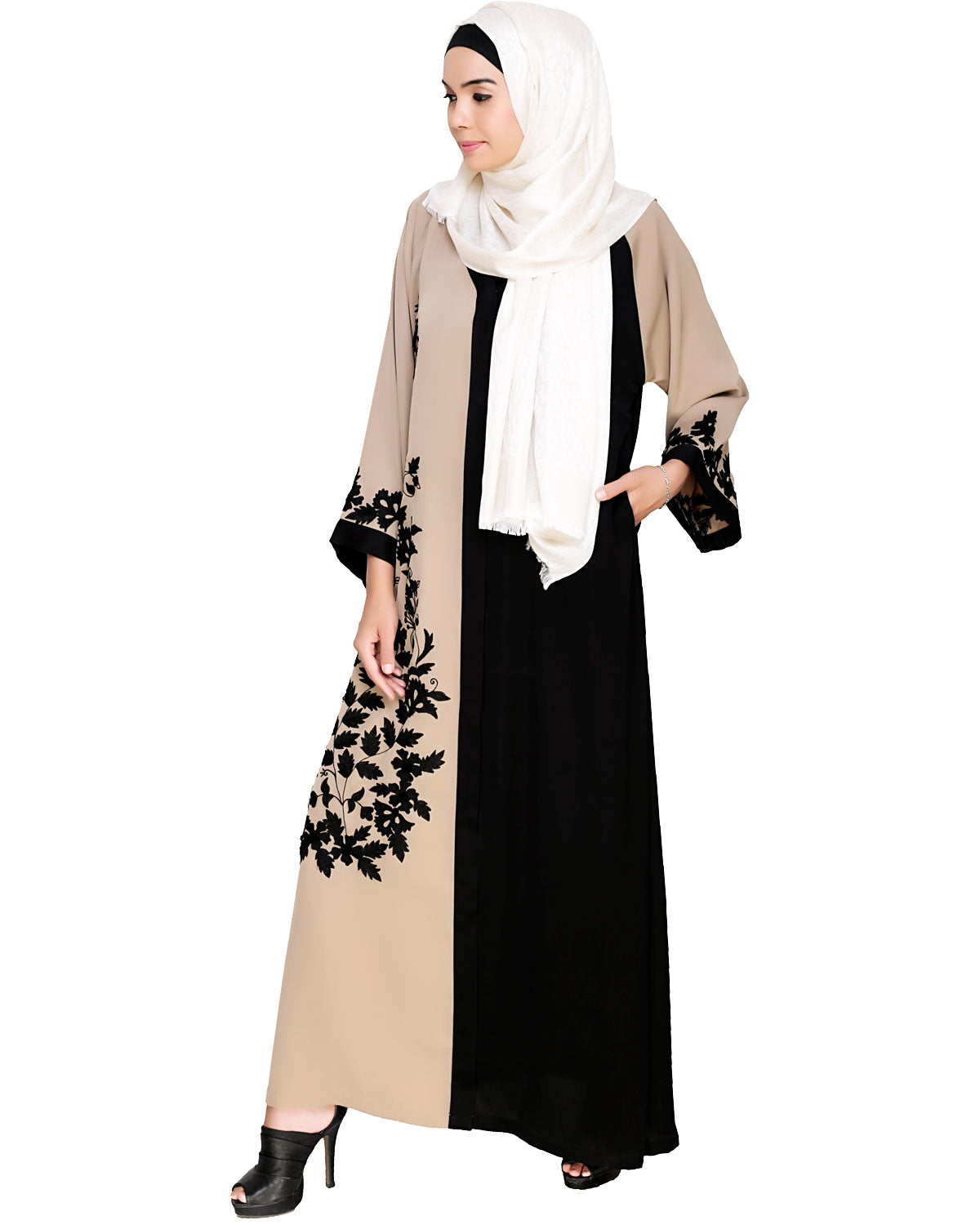 Wanderlust Embroidery Dubai Style Abaya Beige & Black
