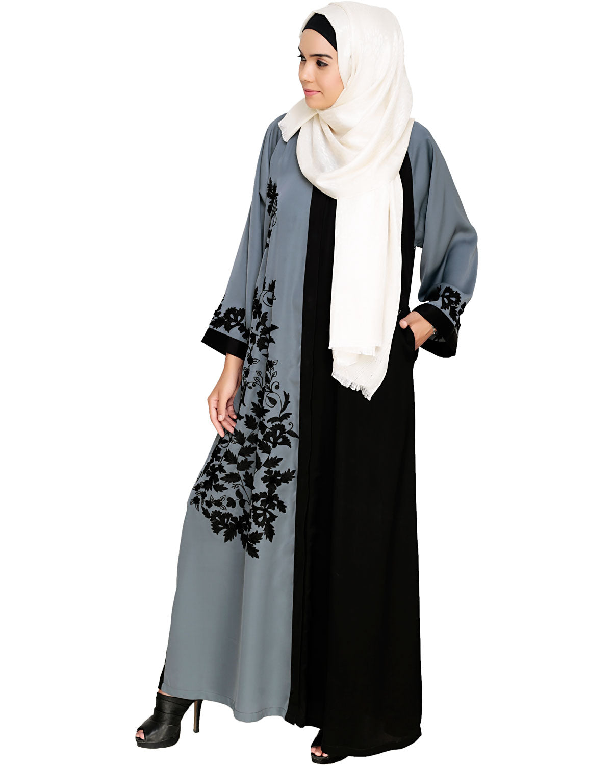 Wanderlust Embroidery Dubai Style Abaya Grey & Black