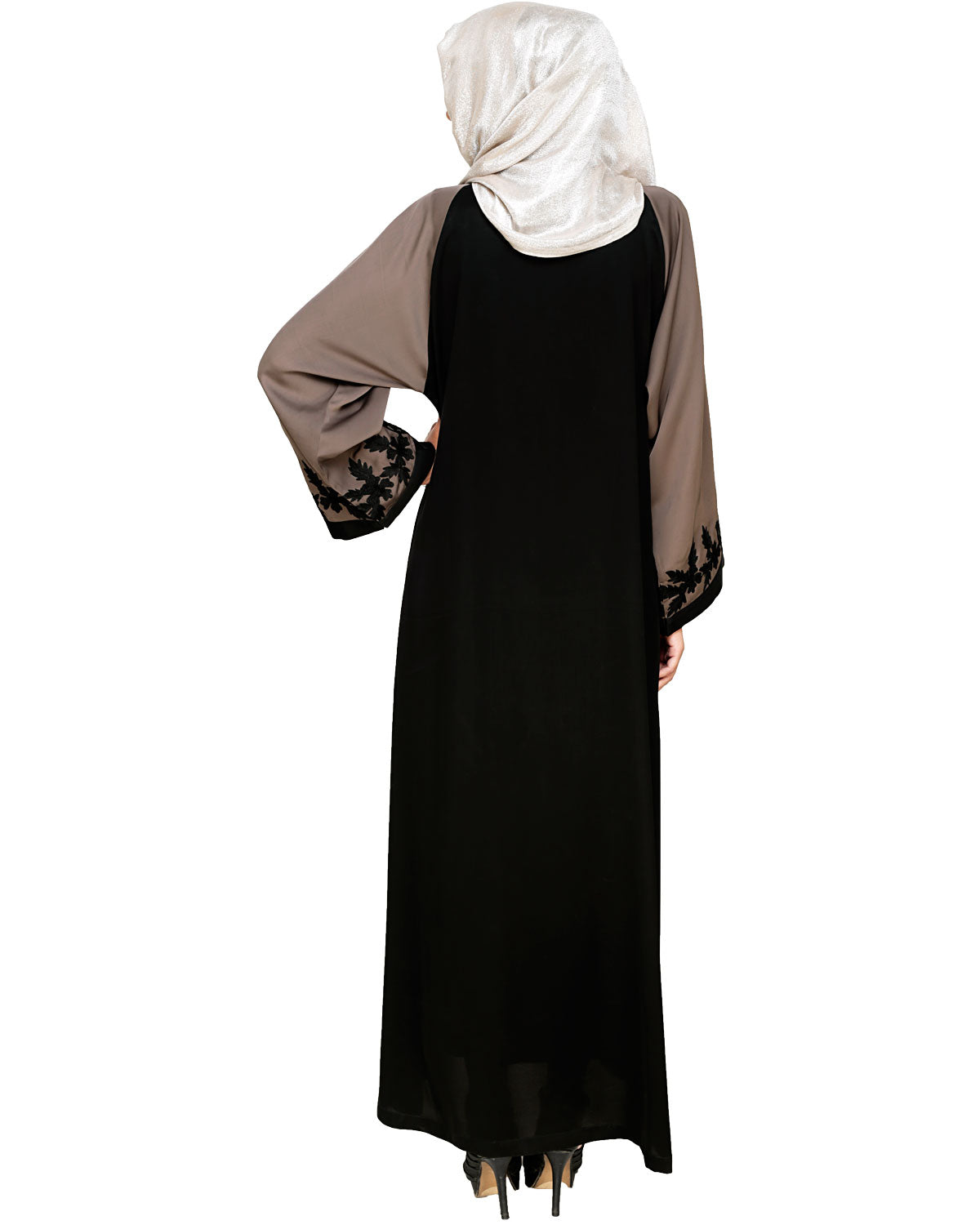 Wanderlust Embroidery Dubai Style Abaya Mud Brown & Black
