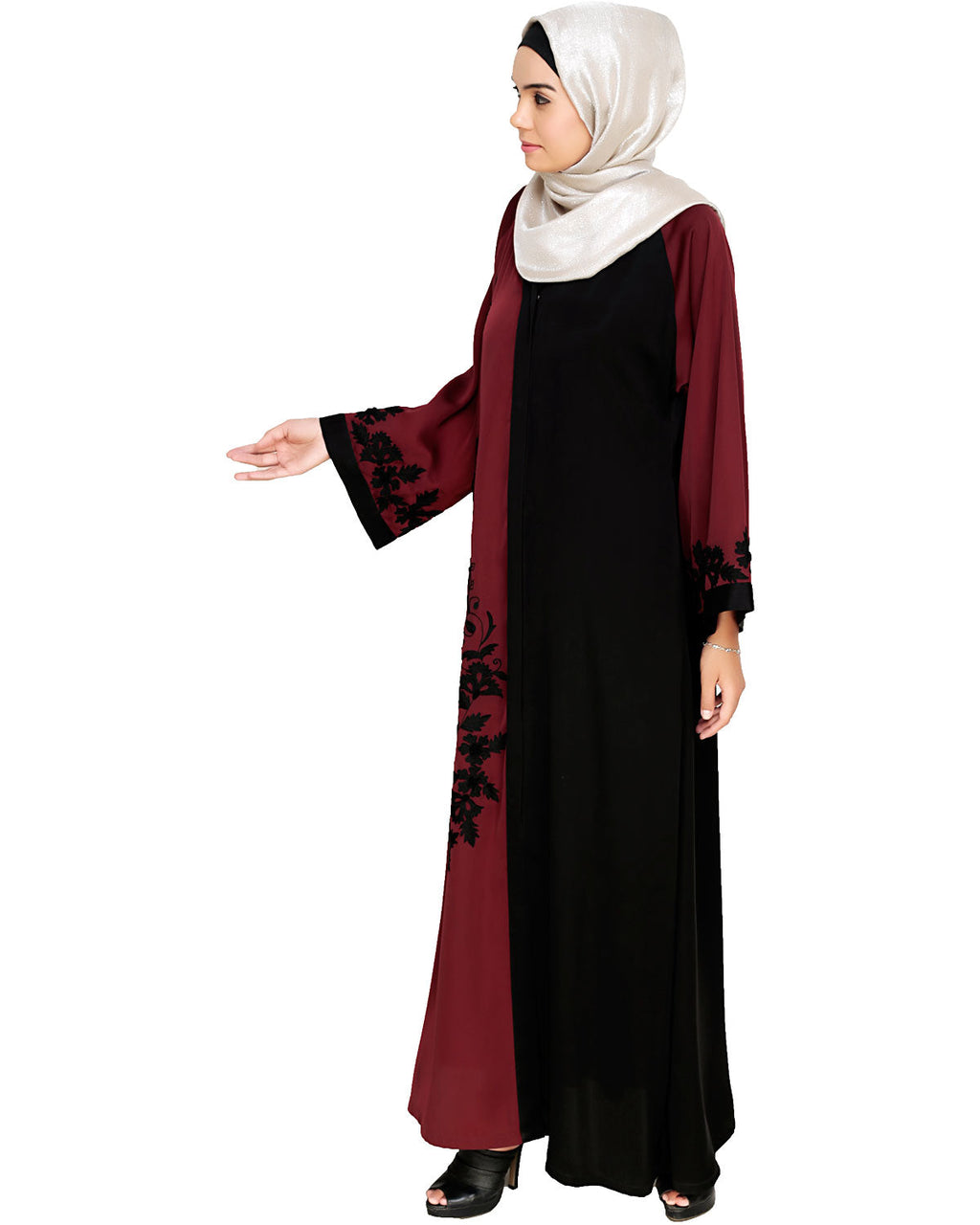 Wanderlust Embroidery Dubai Style Abaya Wine & Black
