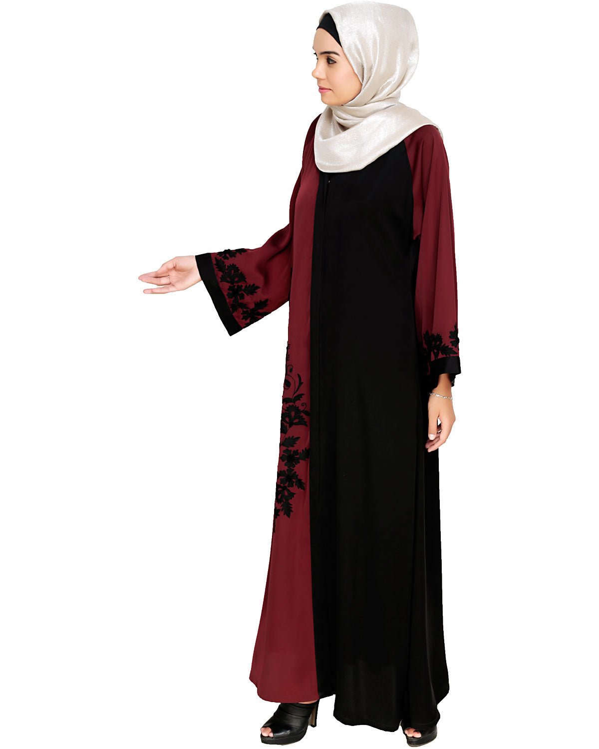 Wanderlust Embroidery Dubai Style Abaya Wine & Black