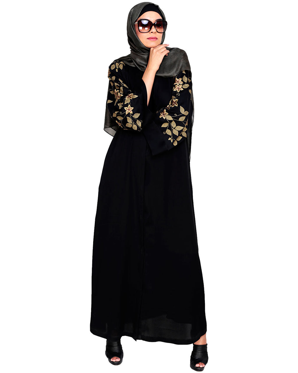Alluring Floral Embroidery Dubai Style Abaya Black