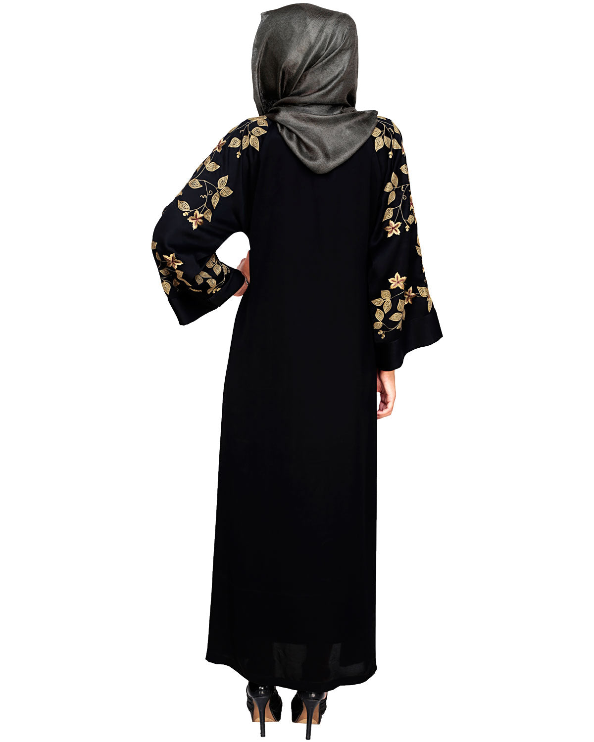 Alluring Floral Embroidery Dubai Style Abaya Black