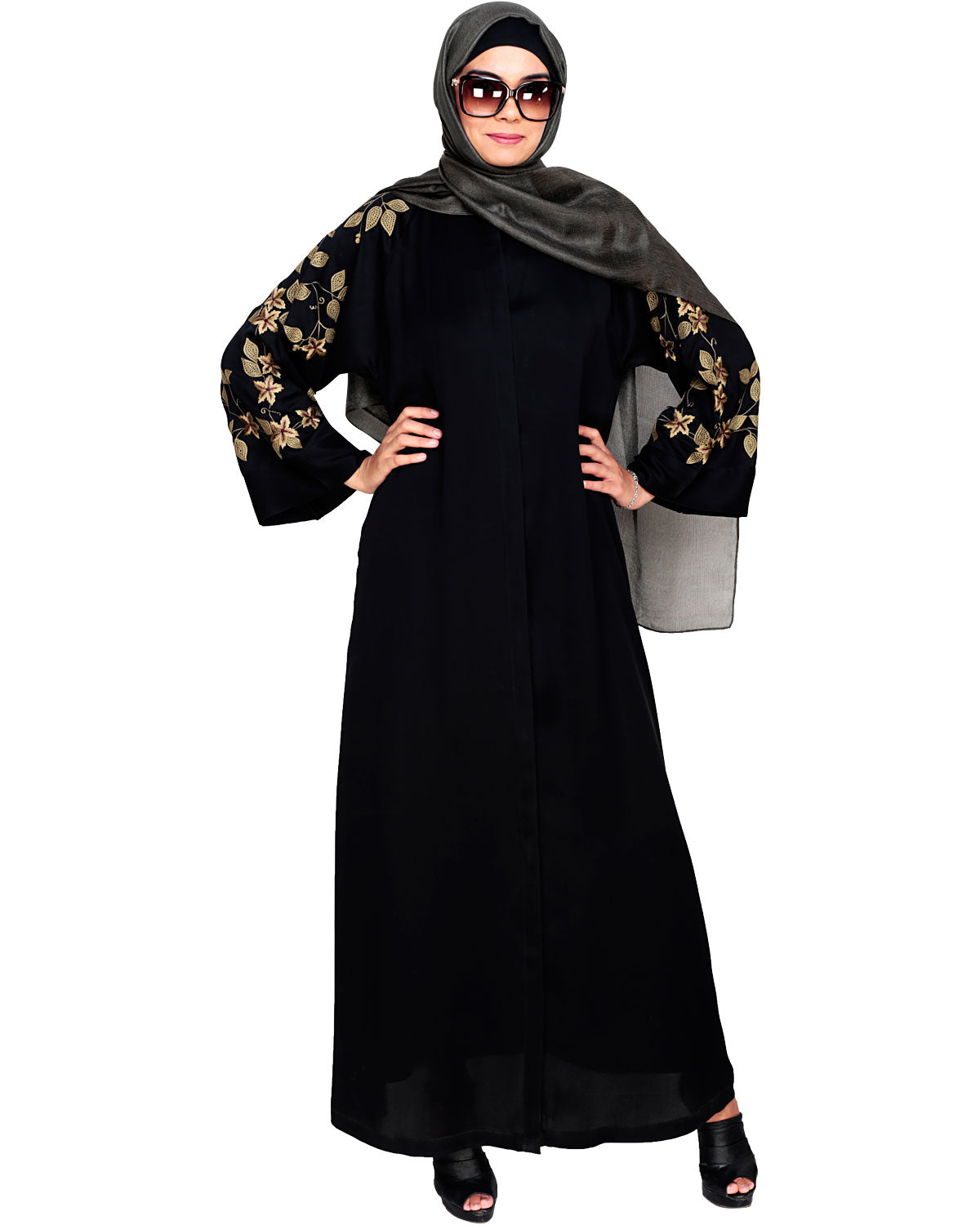 Alluring Floral Embroidery Dubai Style Abaya Black