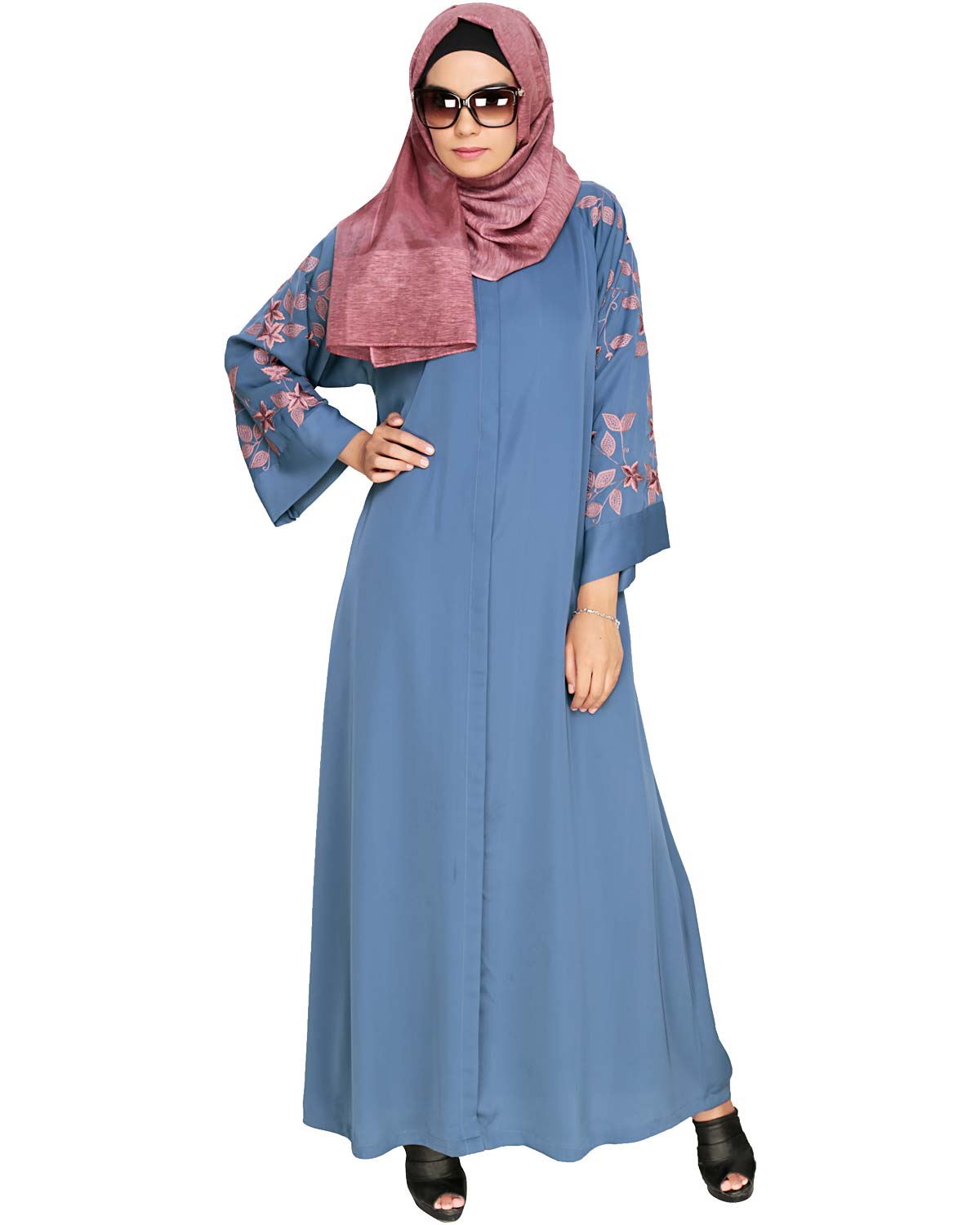 Alluring Floral Embroidery Dubai Style Abaya Blue