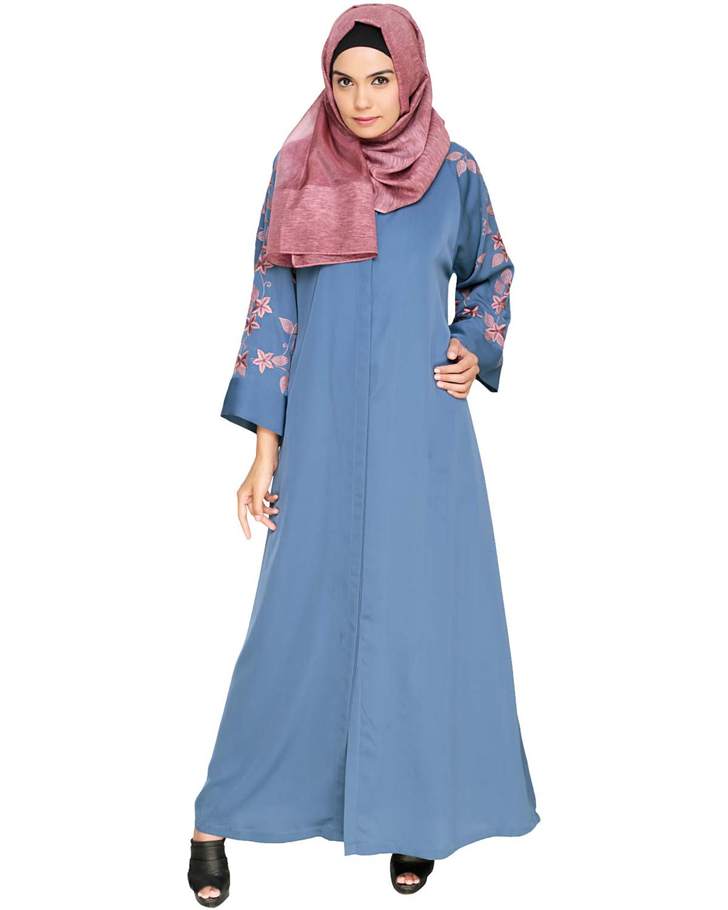 Alluring Floral Embroidery Dubai Style Abaya Blue