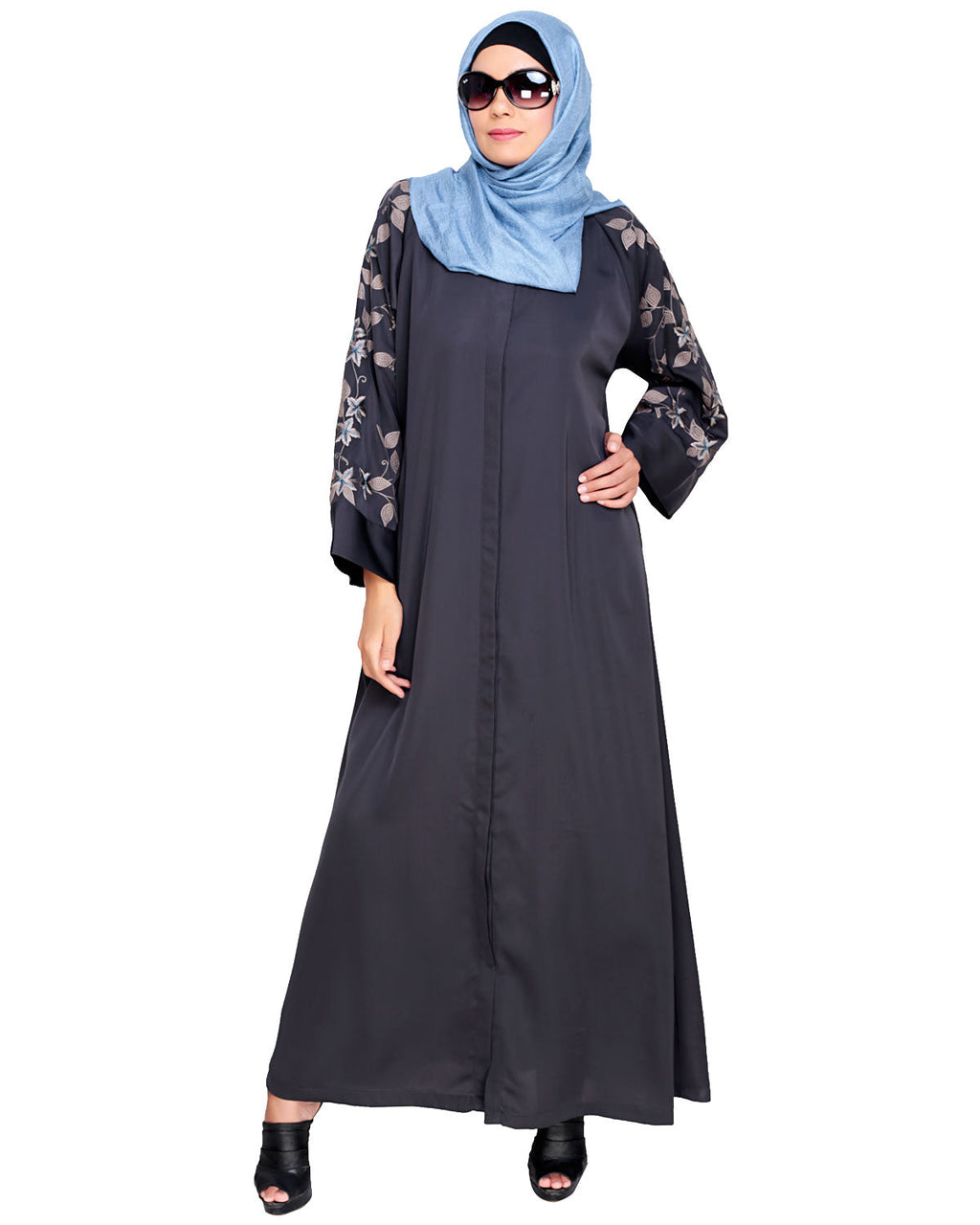 Alluring Floral Embroidery Dubai Style Abaya Dark Grey