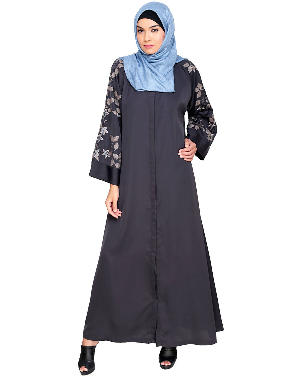 Alluring Floral Embroidery Dubai Style Abaya Dark Grey