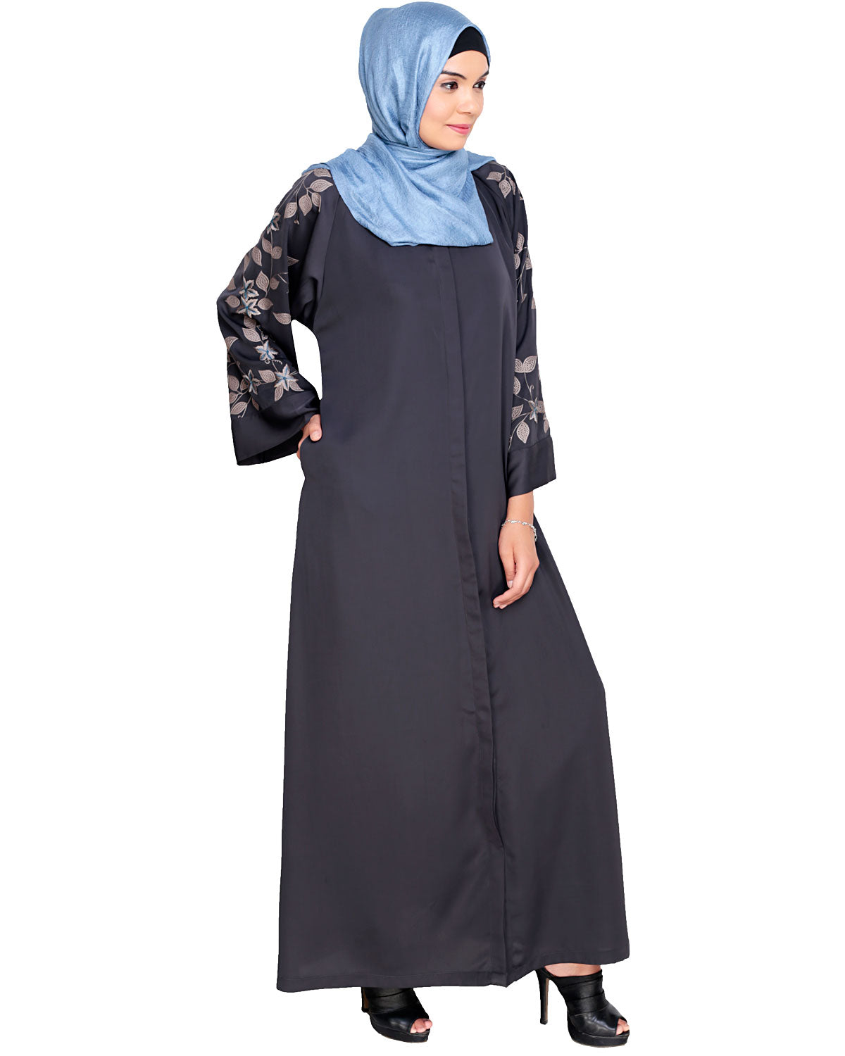 Alluring Floral Embroidery Dubai Style Abaya Dark Grey
