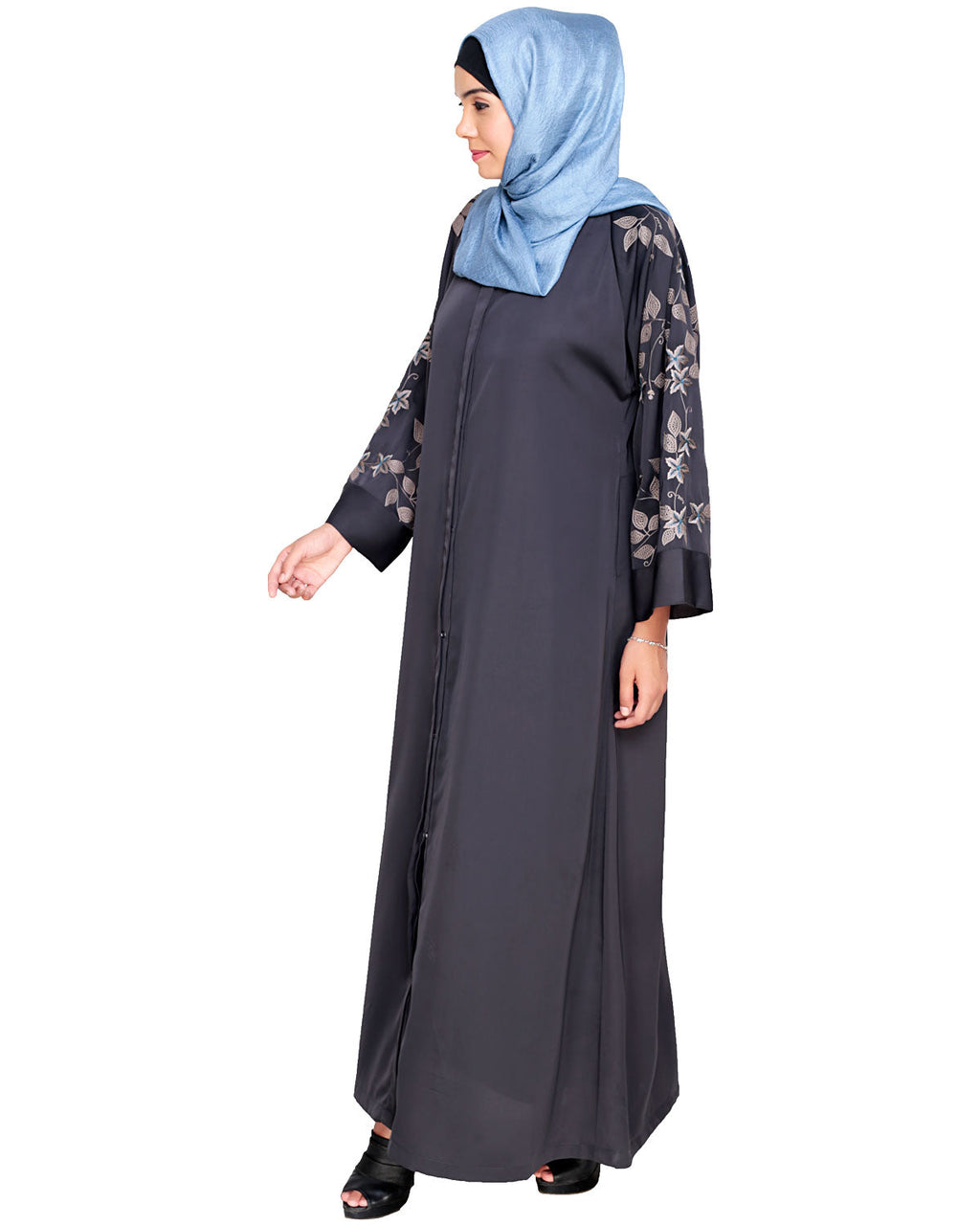 Alluring Floral Embroidery Dubai Style Abaya Dark Grey
