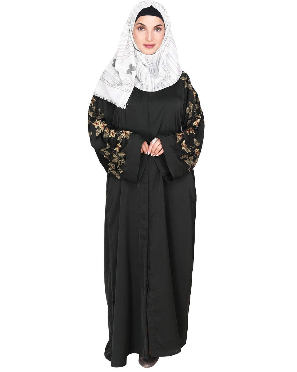 Alluring Floral Embroidery Dubai Style Abaya Olive Green