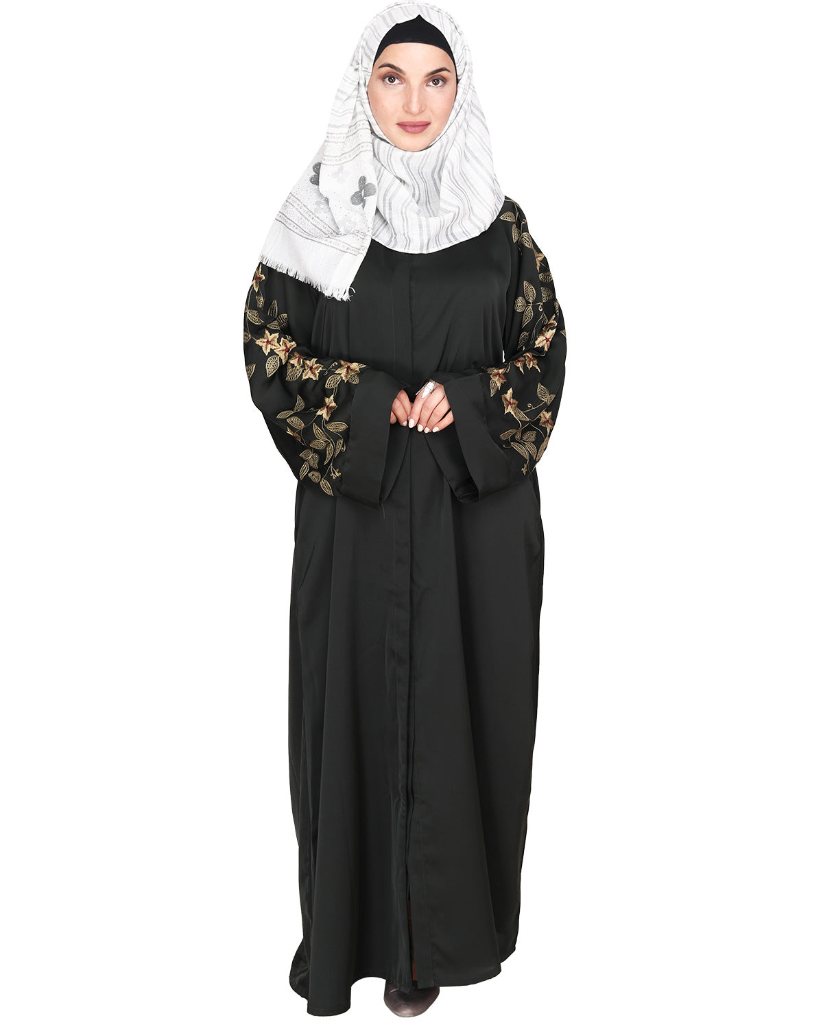 Alluring Floral Embroidery Dubai Style Abaya Olive Green