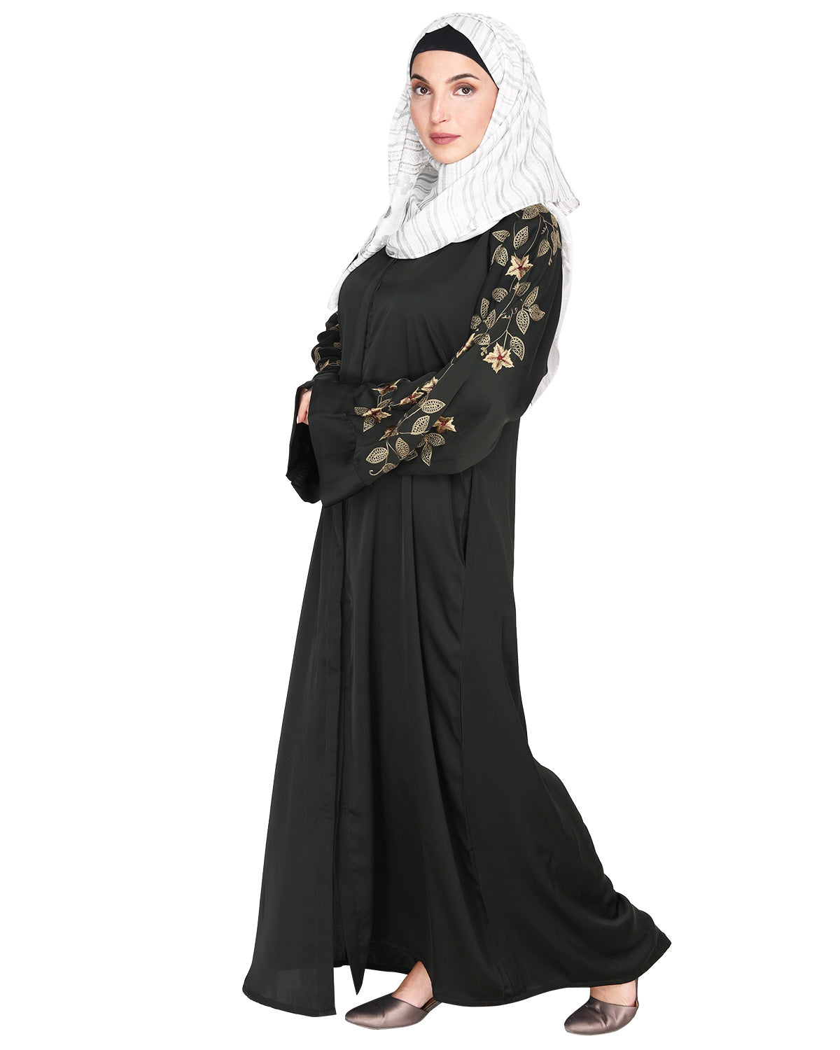 Alluring Floral Embroidery Dubai Style Abaya Olive Green
