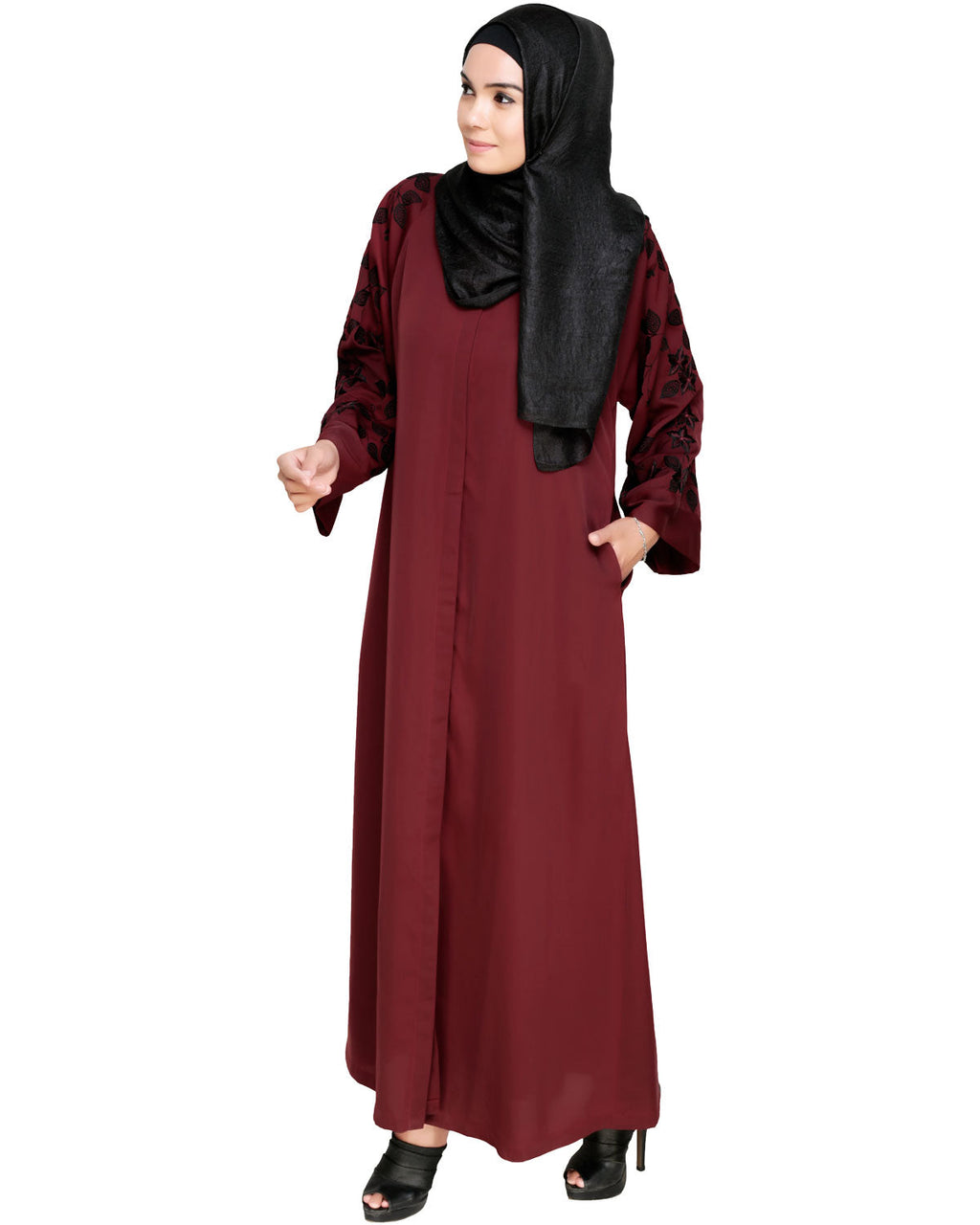Alluring Floral Embroidery Dubai Style Abaya Wine