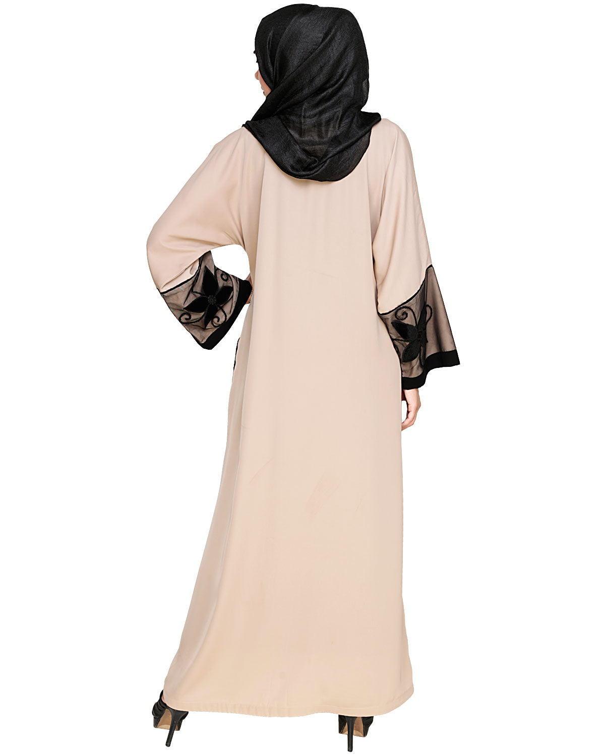 Floral Lace Embroidered Dubai Style Abaya Beige