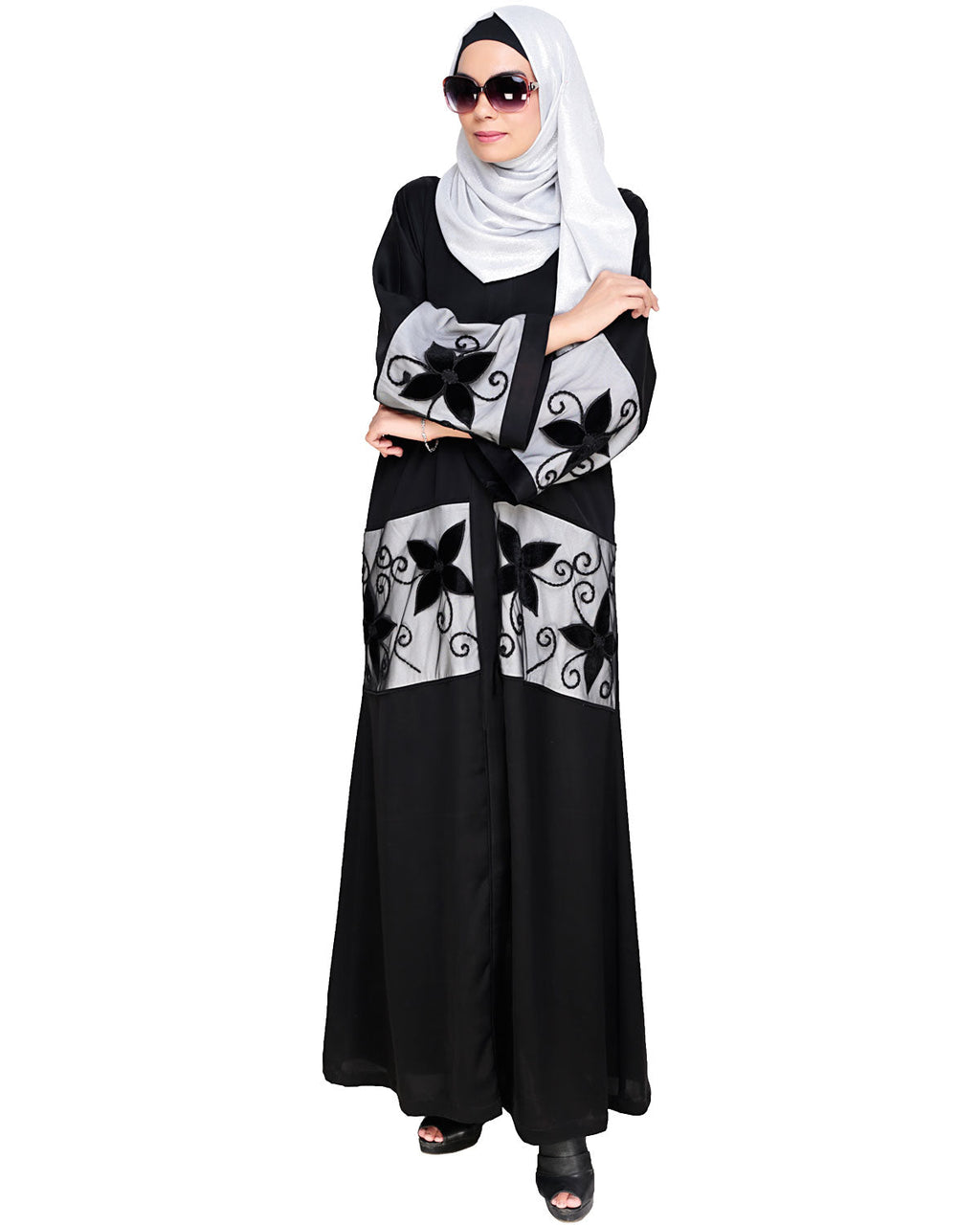 Floral Lace Embroidered Dubai Style Abaya Black