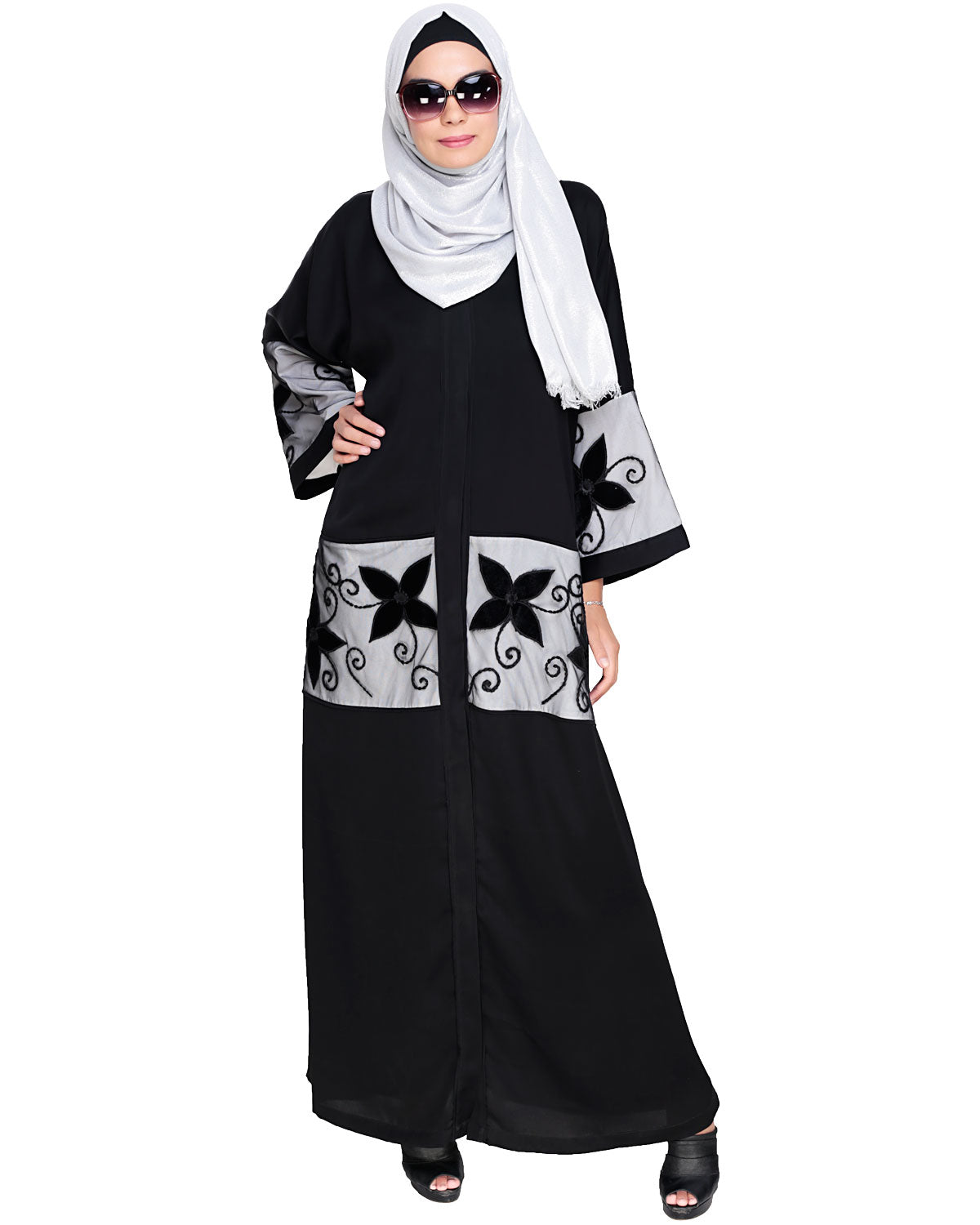 Floral Lace Embroidered Dubai Style Abaya Black