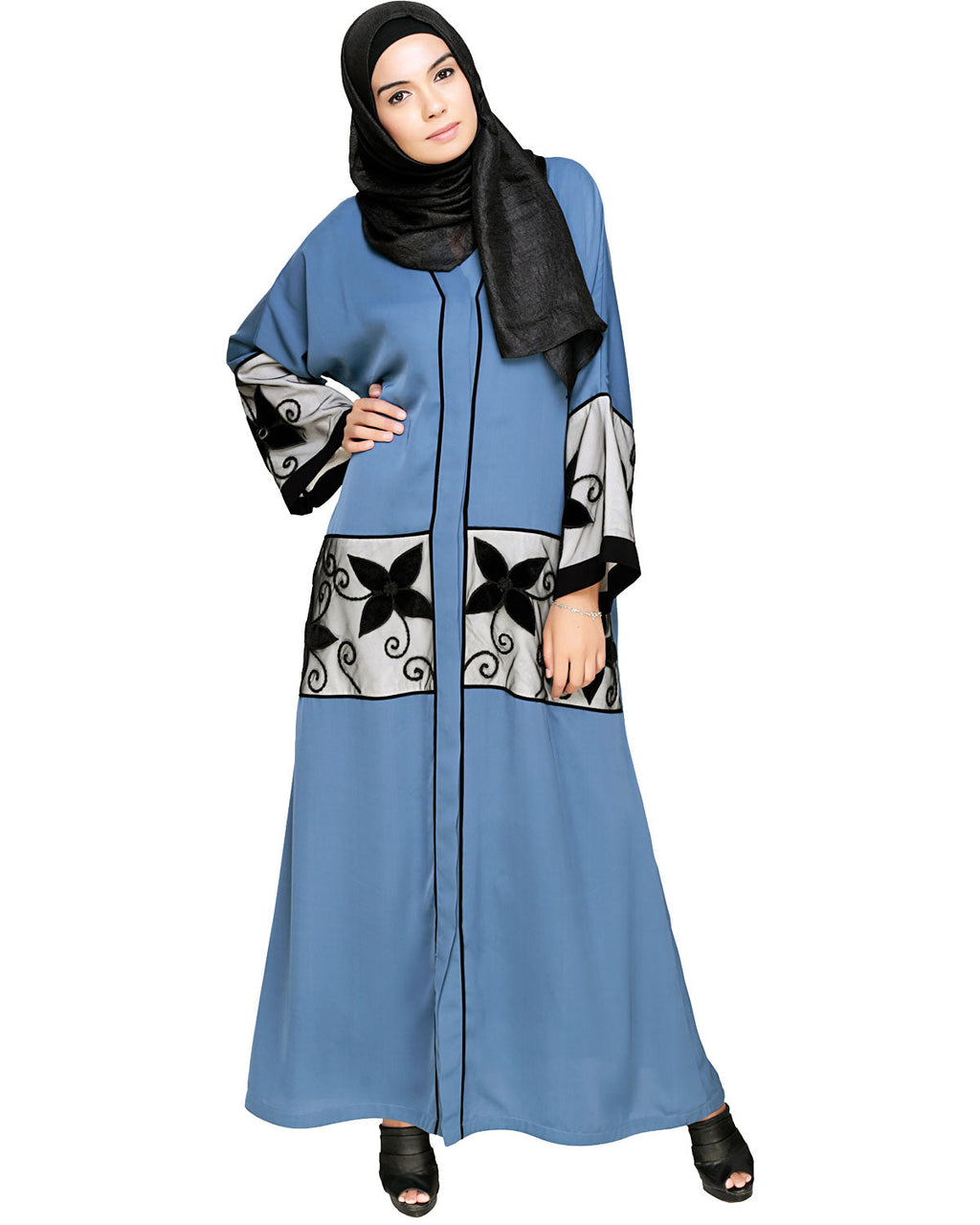 Floral Lace Embroidered Dubai Style Abaya Blue