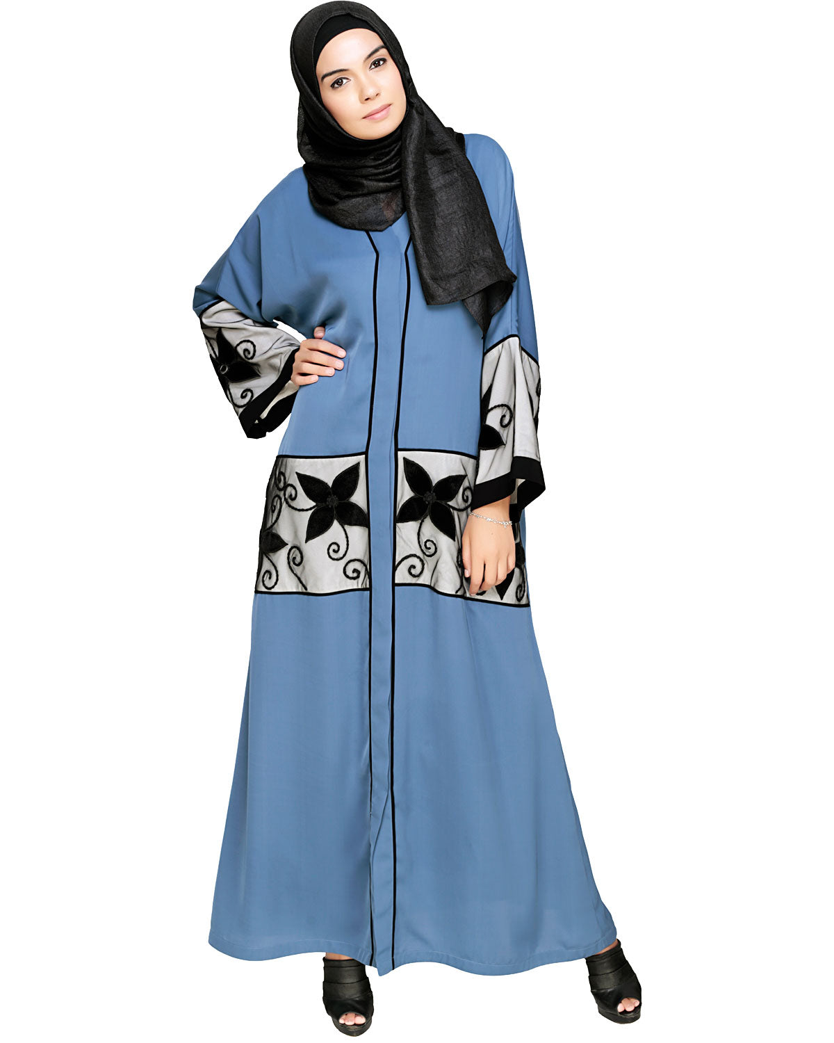 Floral Lace Embroidered Dubai Style Abaya Blue