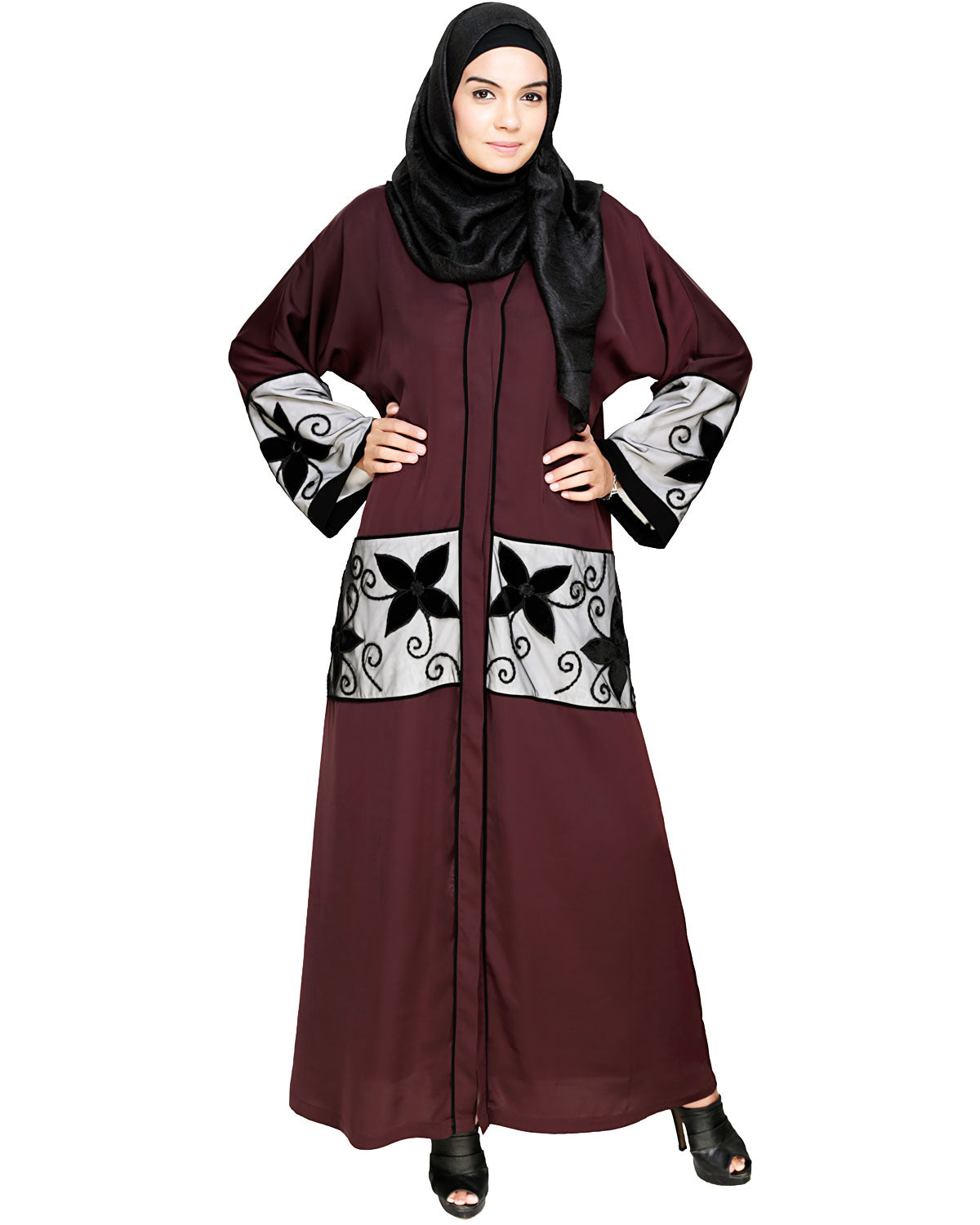 Floral Lace Embroidered Dubai Style Abaya Deep Wine