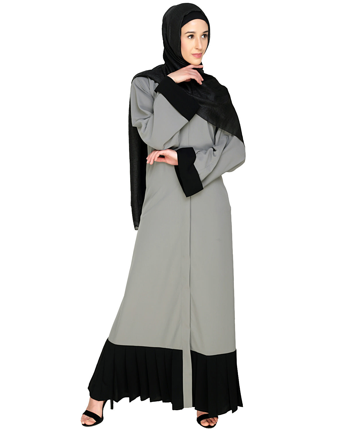Pleated Bliss Dubai Style Abaya Grey & Black