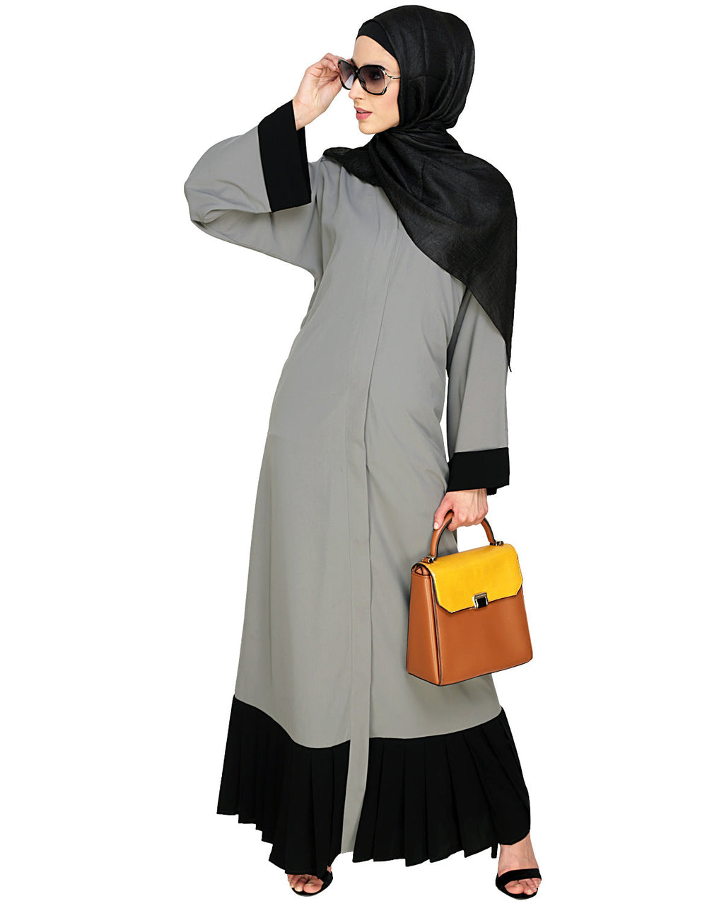 Pleated Bliss Dubai Style Abaya Grey & Black