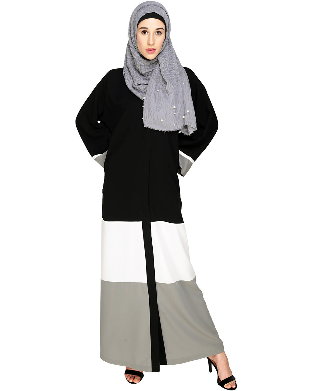 Triple Color Block White Dubai Style Abaya Grey & Black
