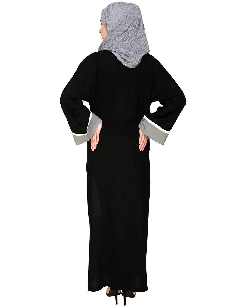 Triple Color Block White Dubai Style Abaya Grey & Black